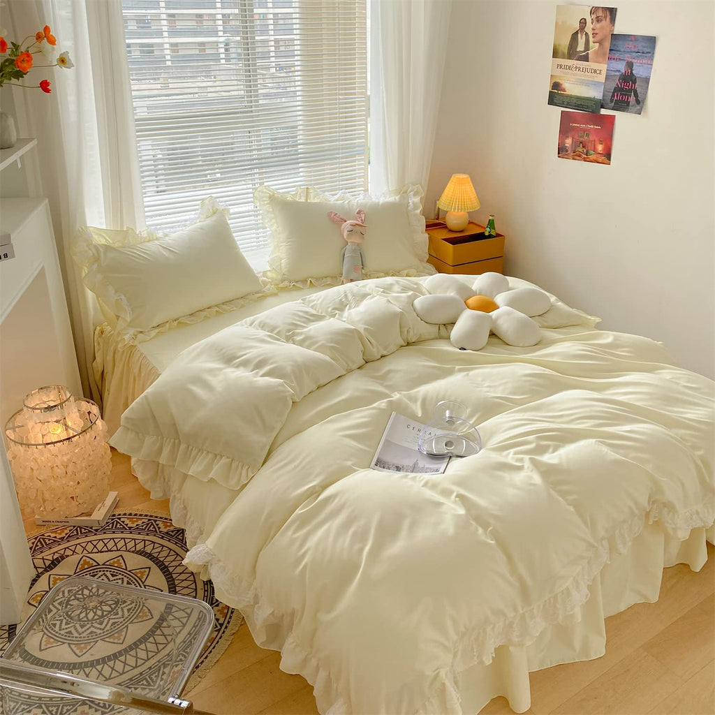 Chic Ruffle Lace Polyester Duvet Cover Set - Bedding-2 Piece Twin Duvet Cover with Zipper Closure - Ultra Soft and Light Weight