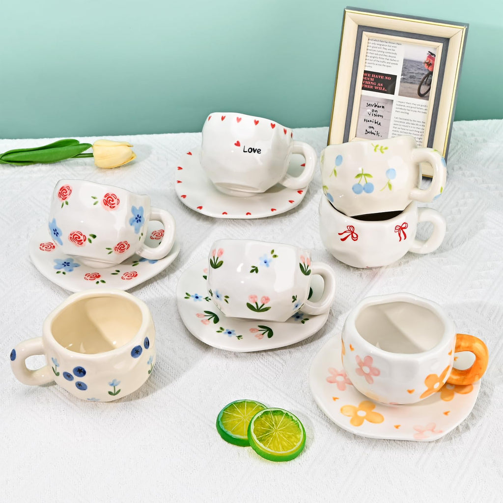 Ceramic Coffee Mug with Saucer Set, Cute Creative Cup Unique Irregular Design, 10 oz/300 ml
