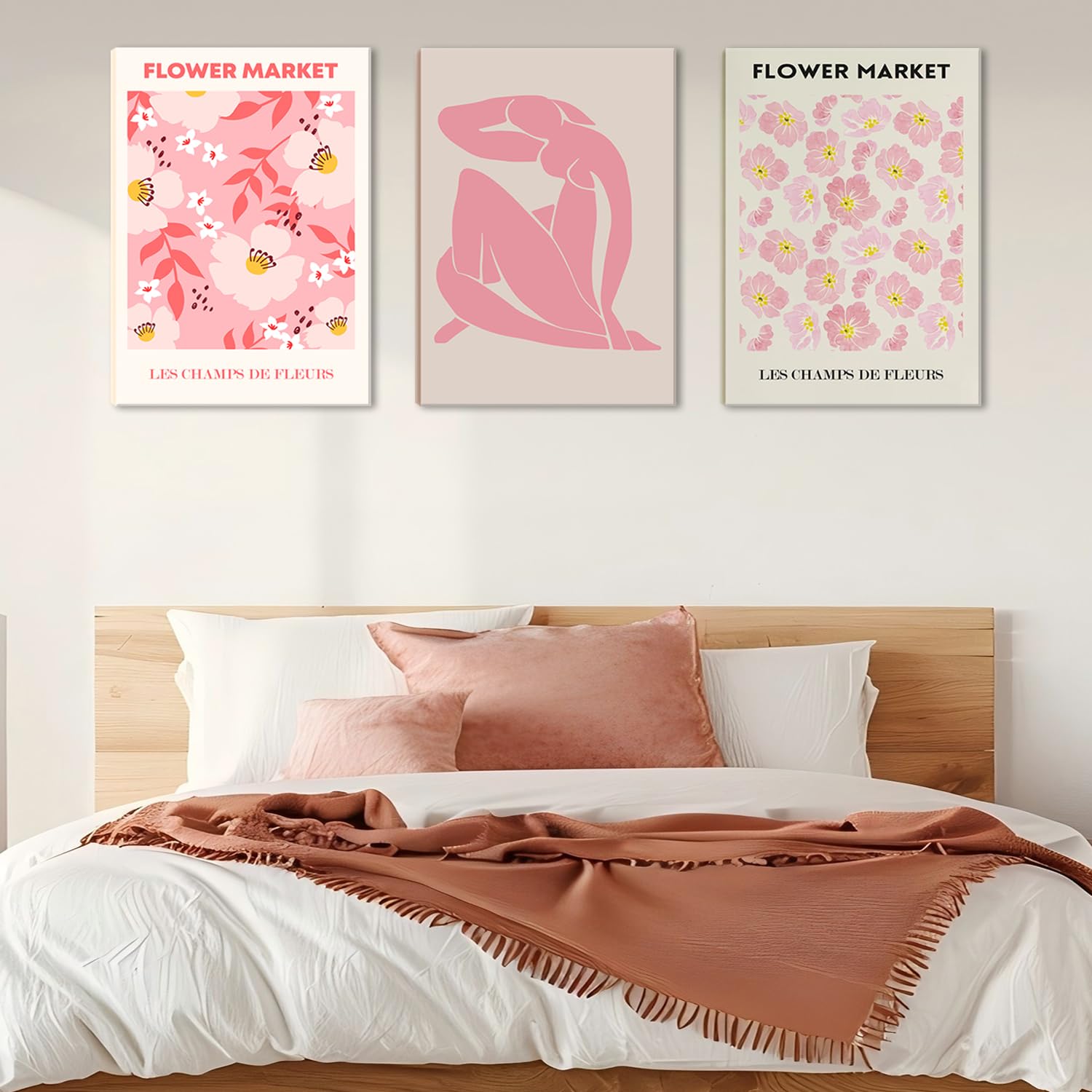 Pink Wall Art Set of 3 - Pink Flowers Wall Decor Vintage Canvas Print Picture Retro Abstract Exhibition Print 12×16 Inch Framed