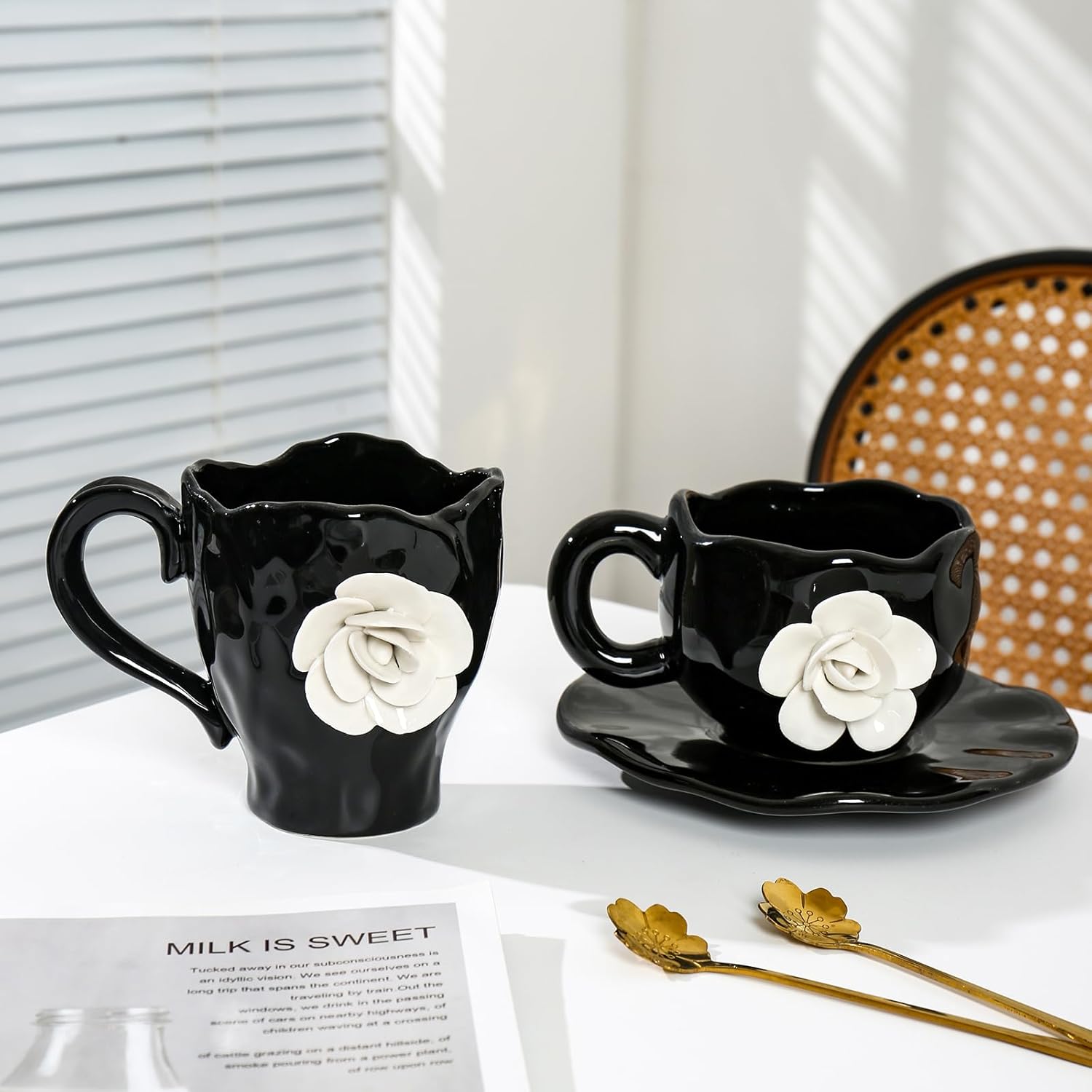 Cute Black with White Flowers Ceramic Cups, Unique Fancy Tea Cups with Saucer, 11OZ
