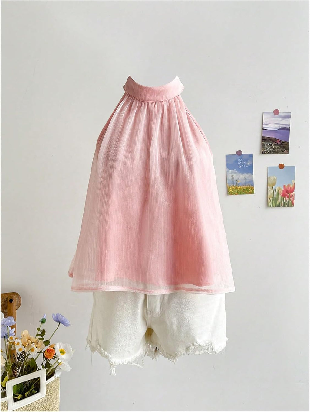 Women's Bow Knot Mesh Sheer Blouse Sleeveless Halter Flared Hem Cute Summer Top