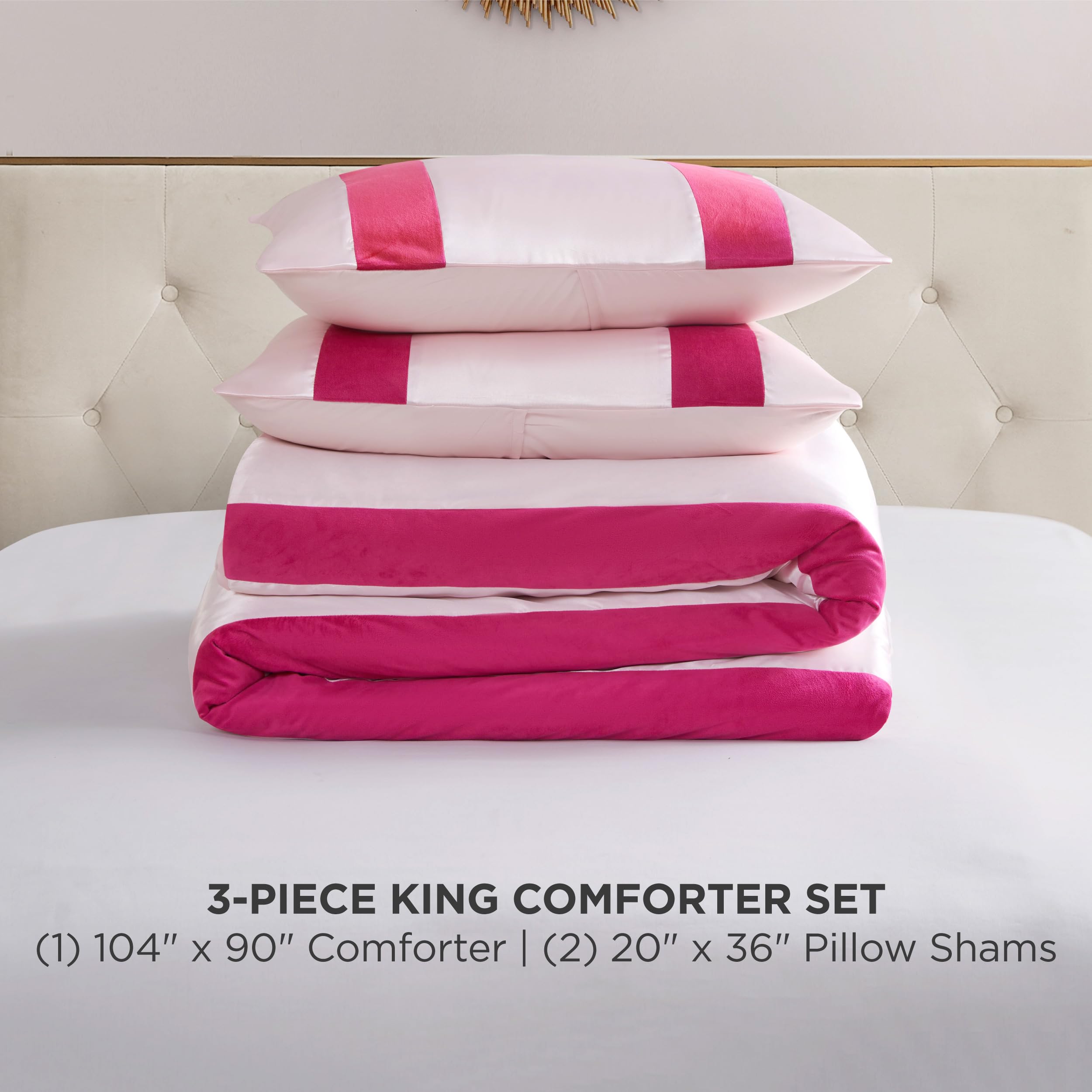 Juicy Couture Velvet Stripe on Satin Pink Comforter Set - 3 Piece Luxury Bedding Ensemble