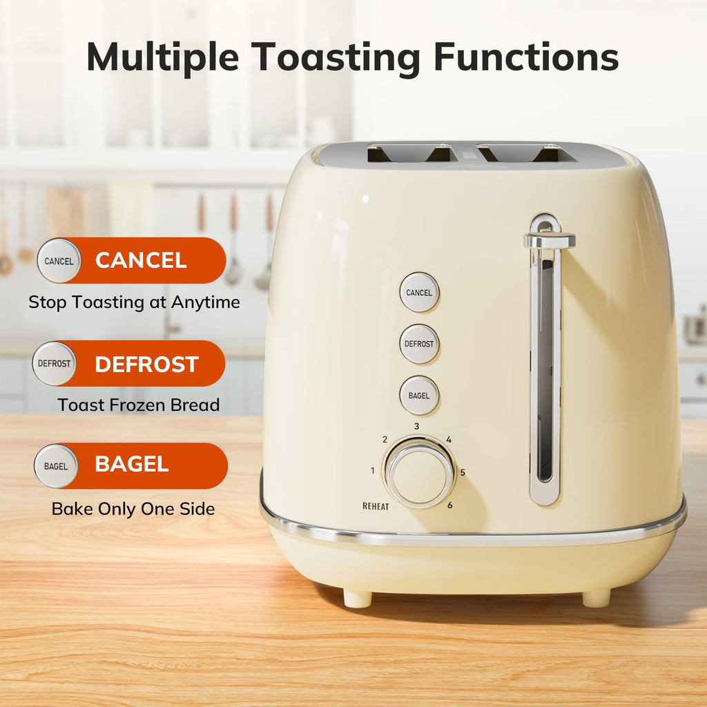 Toaster 2 Slice Stainless Steel with 6 Bread Shade Settings, Retro Toaster with Extra Wide Slot