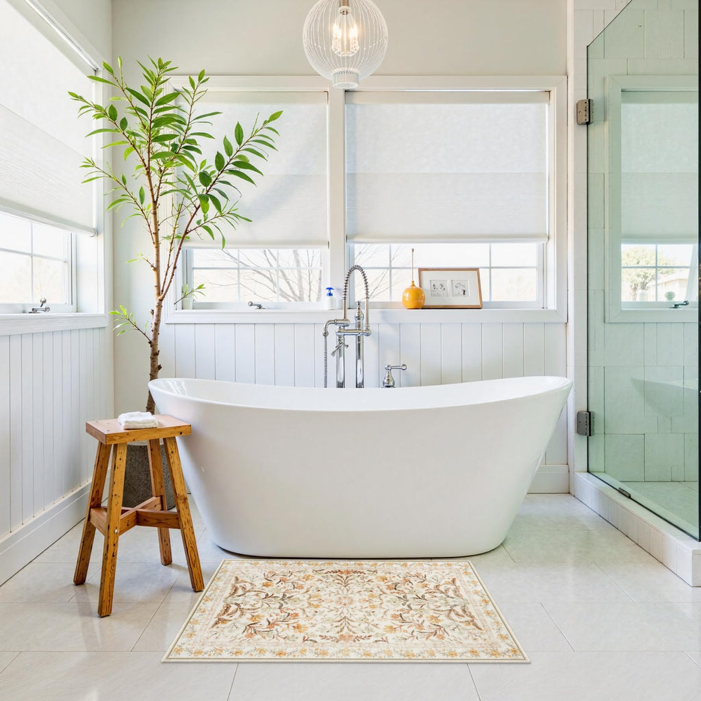 New Boho Floral Bath Rugs, Non Slip Washable Bathroom Rugs Fit Under Door, Ultra Soft and Absorbent Bath Mat