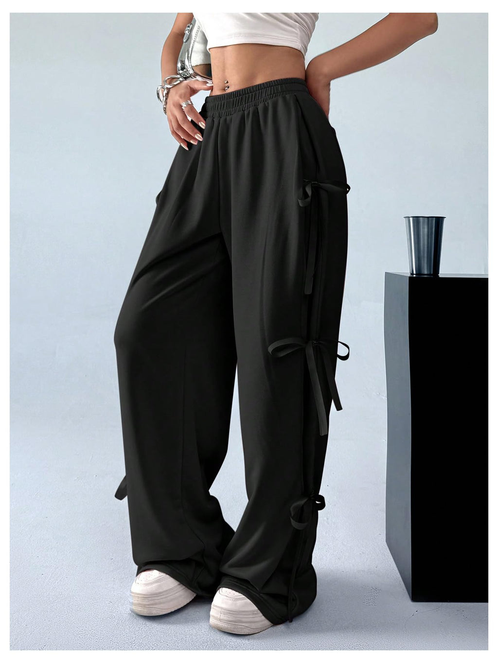 Women's Bow Wide Leg Sweatpants Elastic Waist Casual Baggy Pants with Pocket