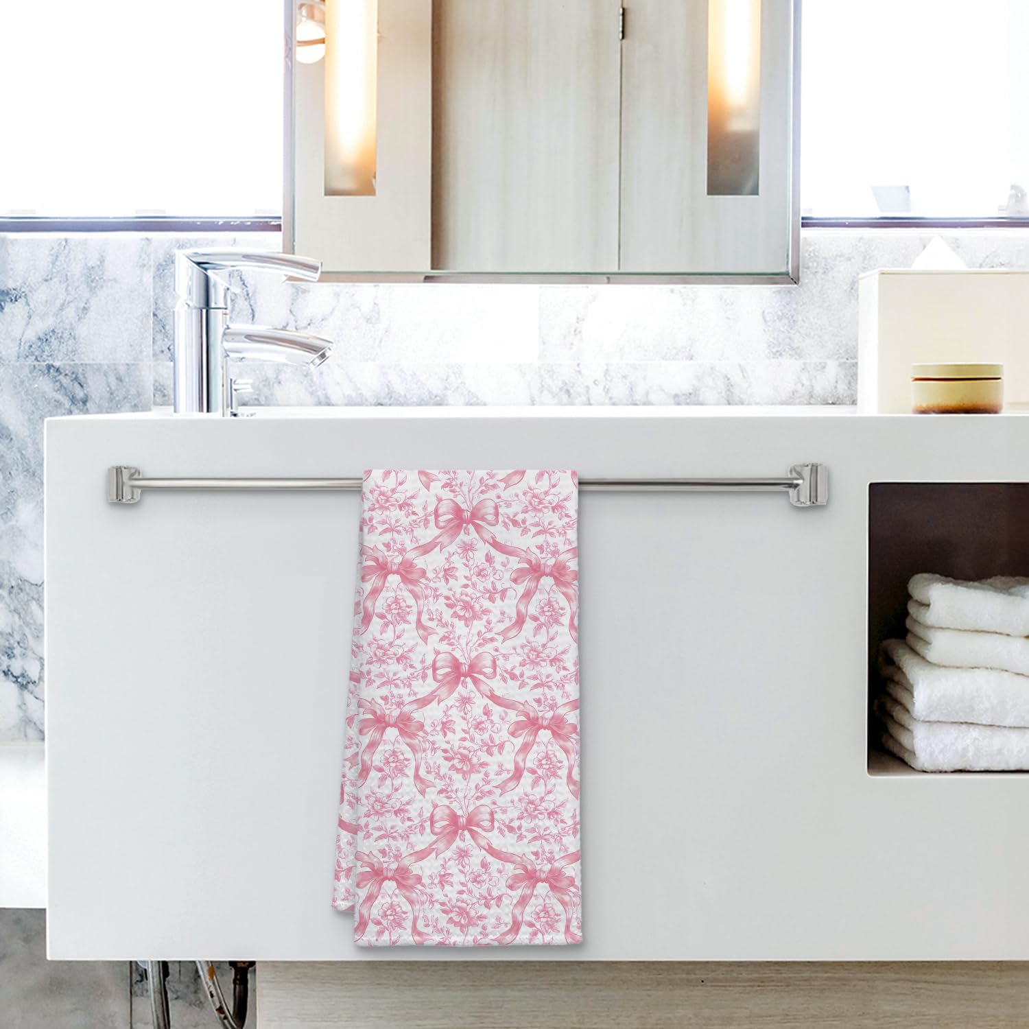 Coquette Bow Floral Kitchen Towel, Grandmillennial Pink Rose Flower Gingham Hand Towel for Bathroom, Pink and White Checkered Dish Tea Towel, 16x24 Inch