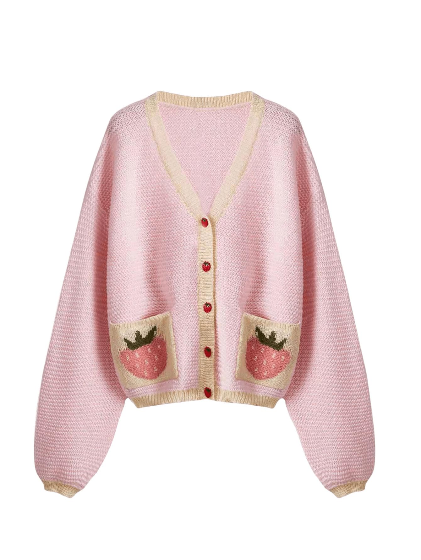Women's Strawberry Pattern Open Front Bishop Sleeve Casual Cardigan