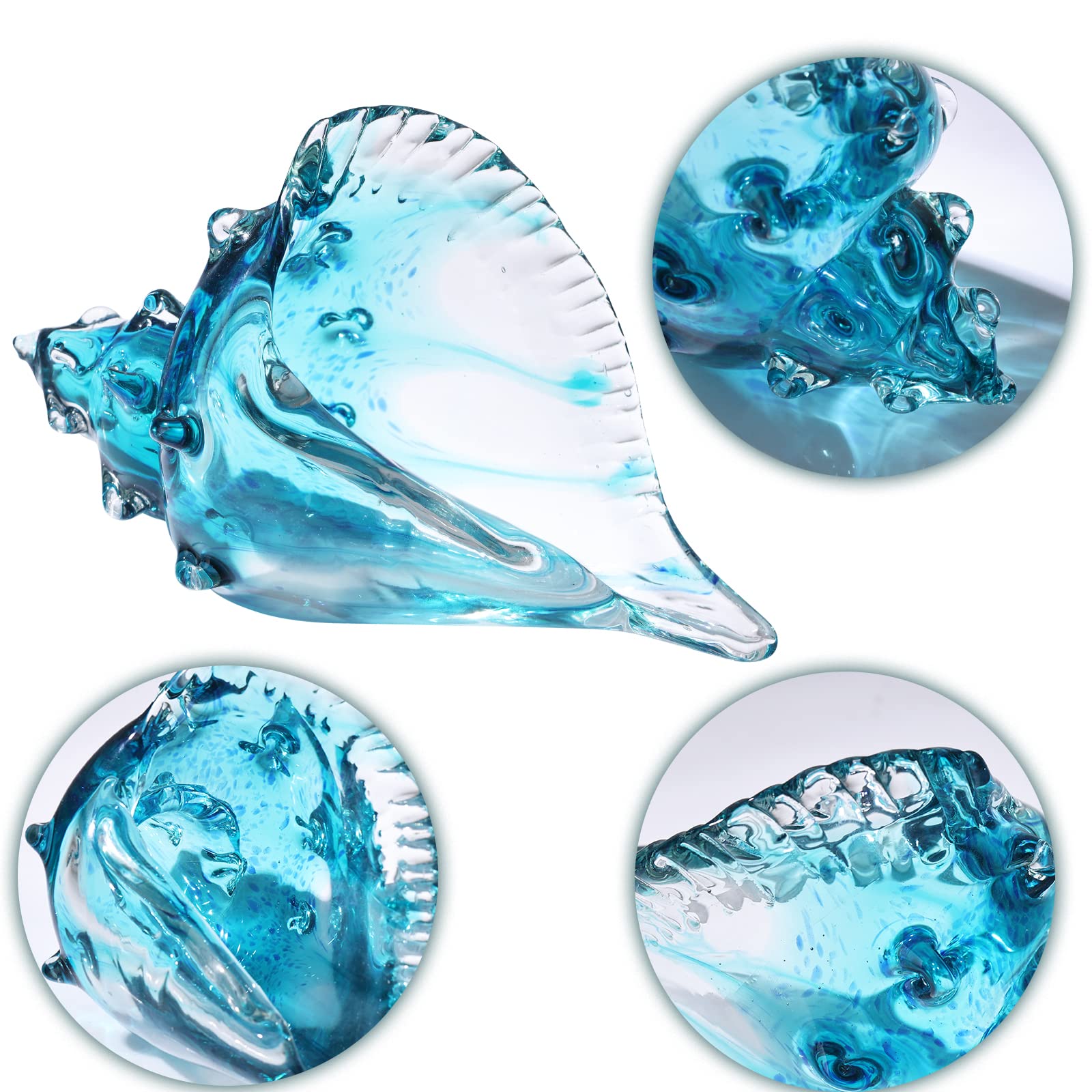 Hand Blown Glass Conch - Coastal Home Decor Conch Corners, Glass Art Conch Sculptures, Office Decor Blown Glass Art, Living Room Table Centerpieces, Bathroom Shelf Tops And Cabinet Decor
