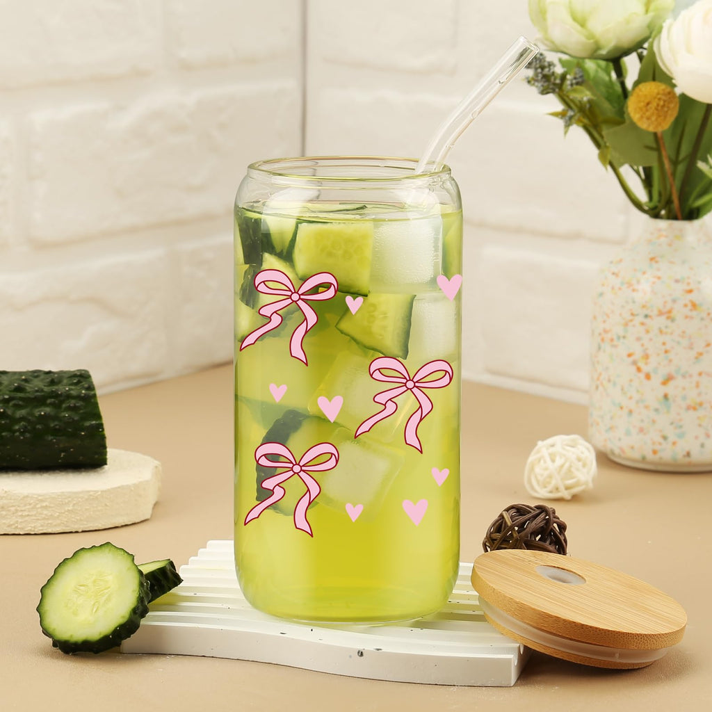 Cherry Bow Cup, Birthday Gifts for Women, Girly Gifts for Her, Sister, Mom, Colleague - 16 OZ Glass Tumbler with Straw & Lid, Coquette Iced Cup