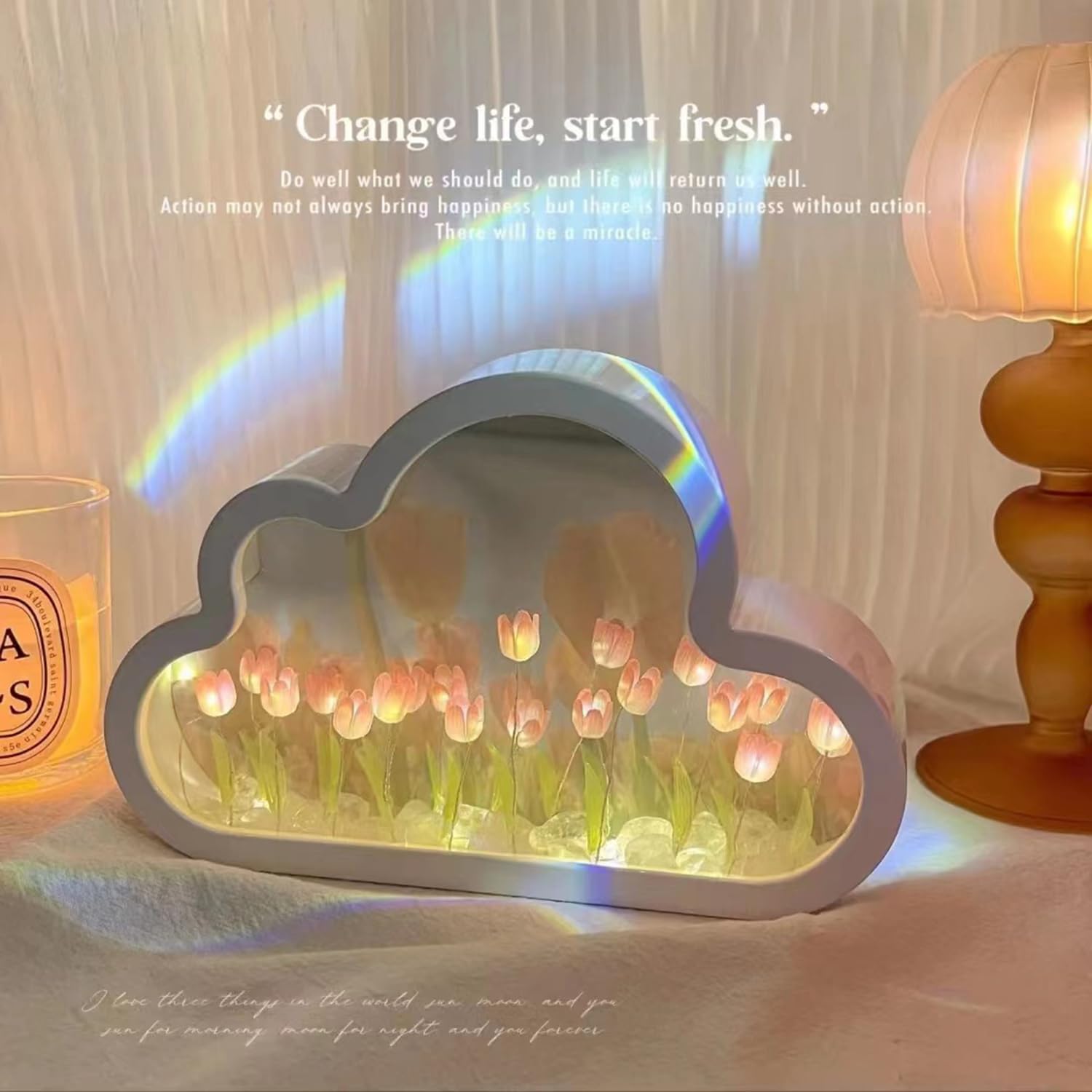 DIY Cloud Tulip Mirror Night Light, Simulation Flower Bedroom Cloud Tulip Table Lamp, Creative Home Decoration