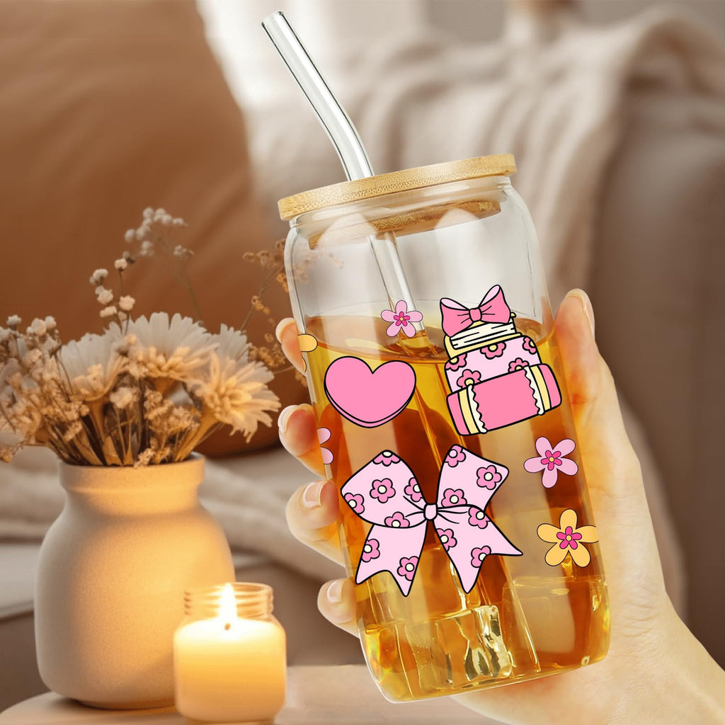 Cherry Bow Cup, Birthday Gifts for Women, Girly Gifts for Her, Sister, Mom, Colleague - 16 OZ Glass Tumbler with Straw & Lid, Coquette Iced Cup