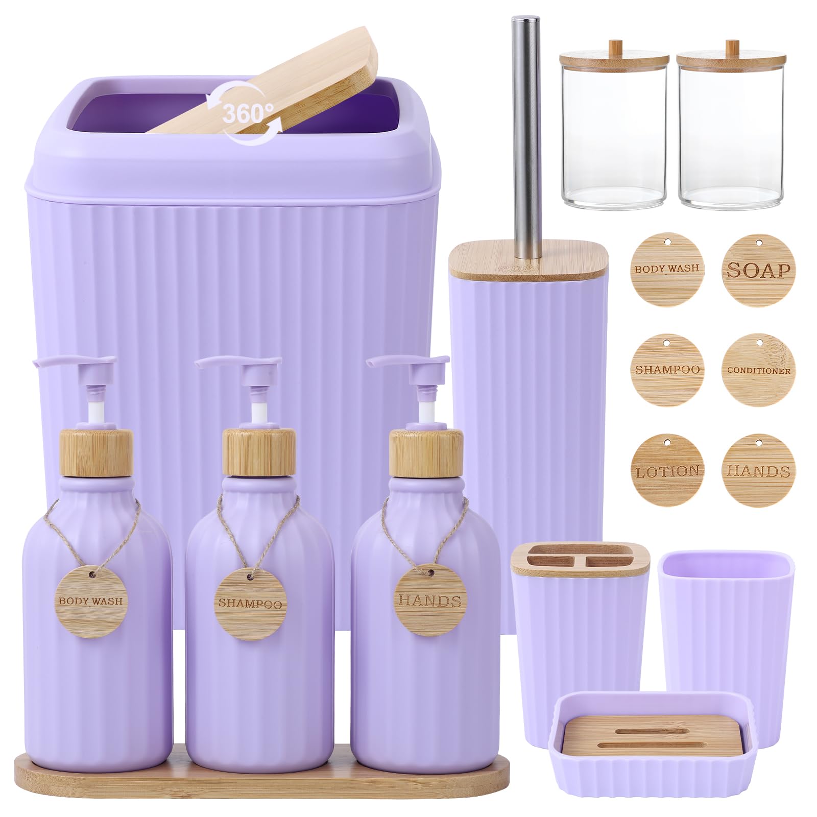 Simply Bathroom Accessories Set 17PCS Bathroom Set with Trash Can 3PCS Lotion Soap Dispenser, Toothbrush Holder, Soap Dish,Tumbler Cup, 6PCS Wood Tags Bath Accessories with Tray for Kitchen Bathroom