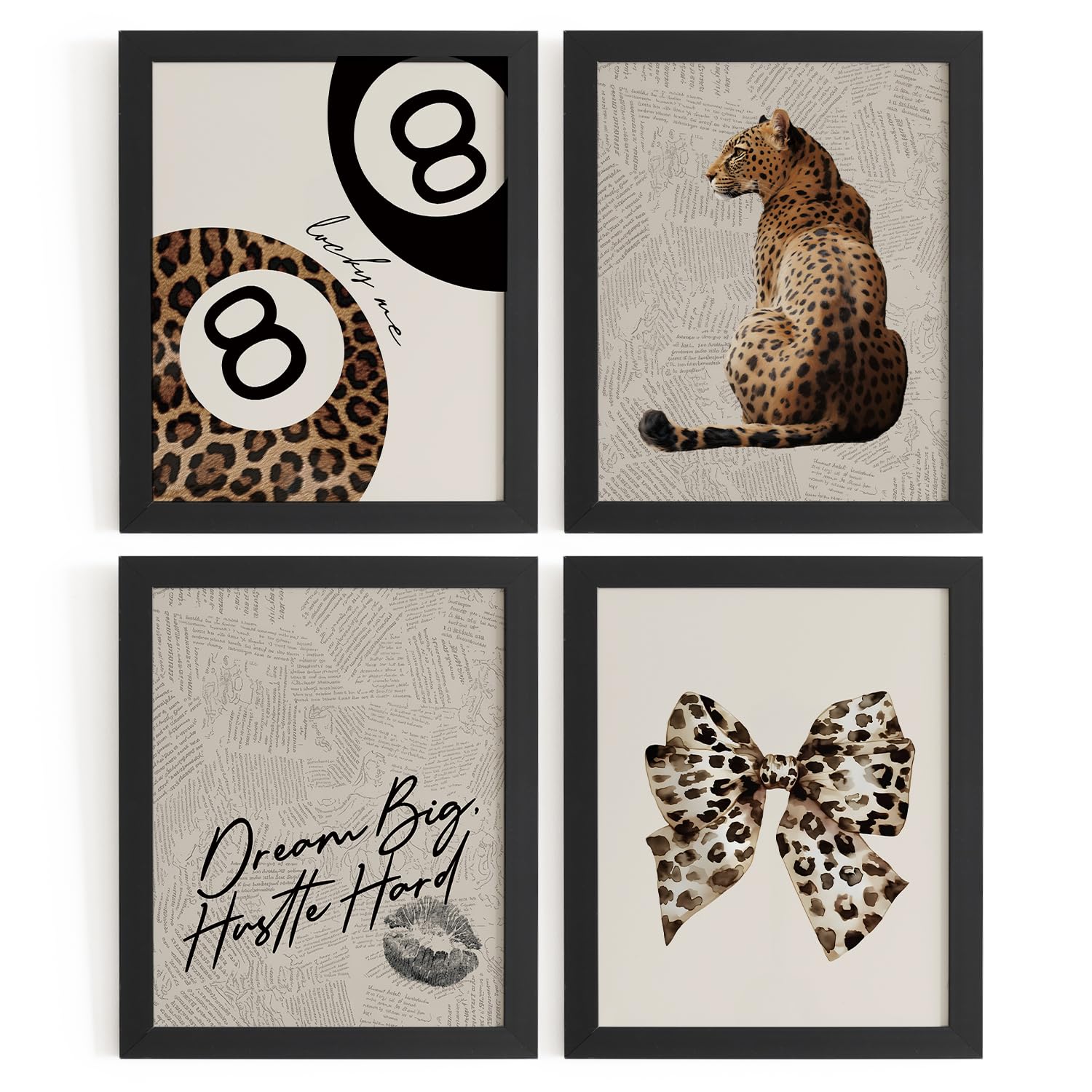 Trendy Leopard Wall Art Prints Set of 4 Funky Lucky 8 Ball Posters Prints Preppy Room Aesthetic Cheetah Wall Decor for Girls Room Dorm Apartment 8x10 Unframed