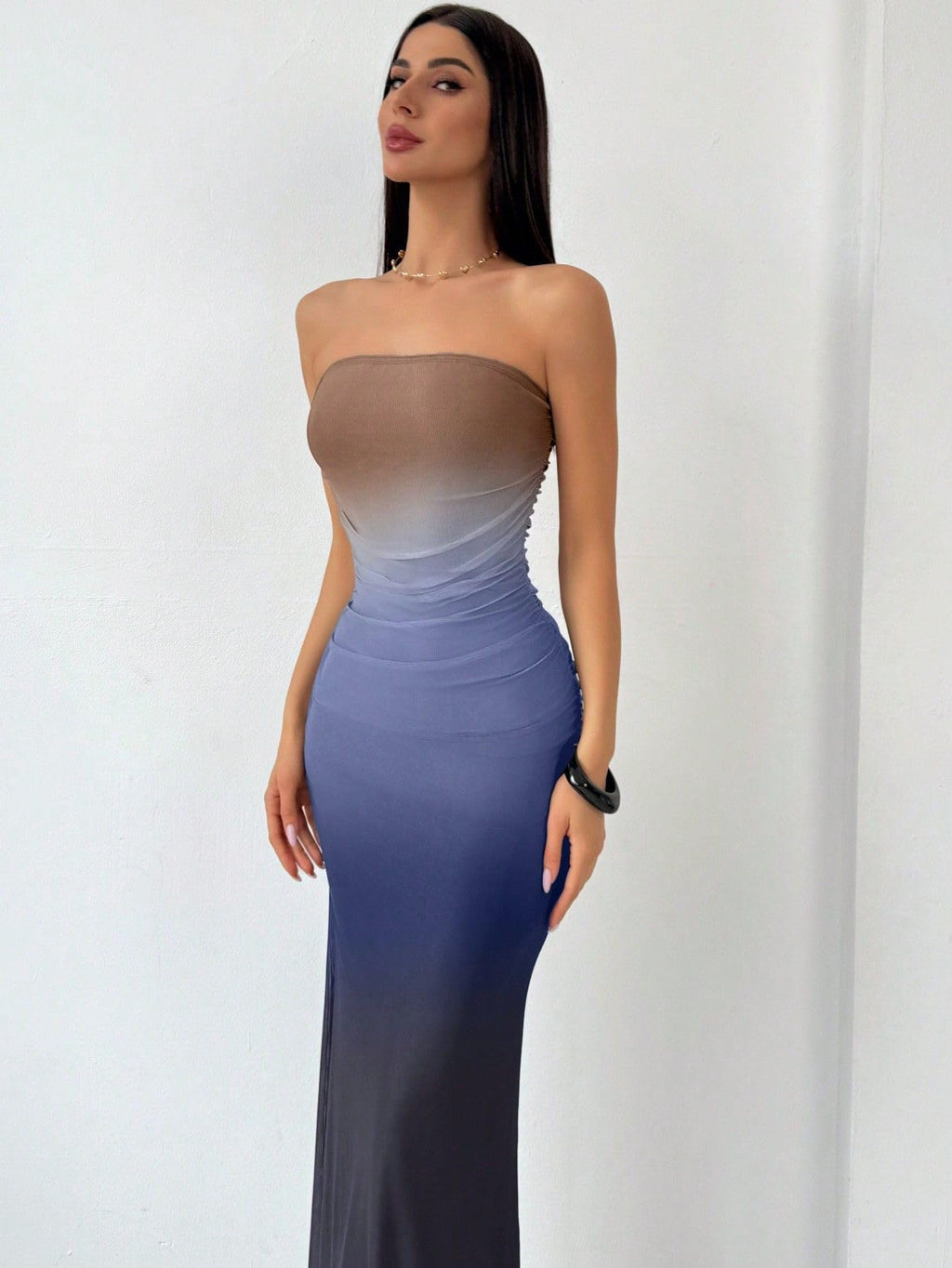 Women's Summer Gradient Strapless Tube Dress Bodycon Long Dress Side Slit Mesh Layered