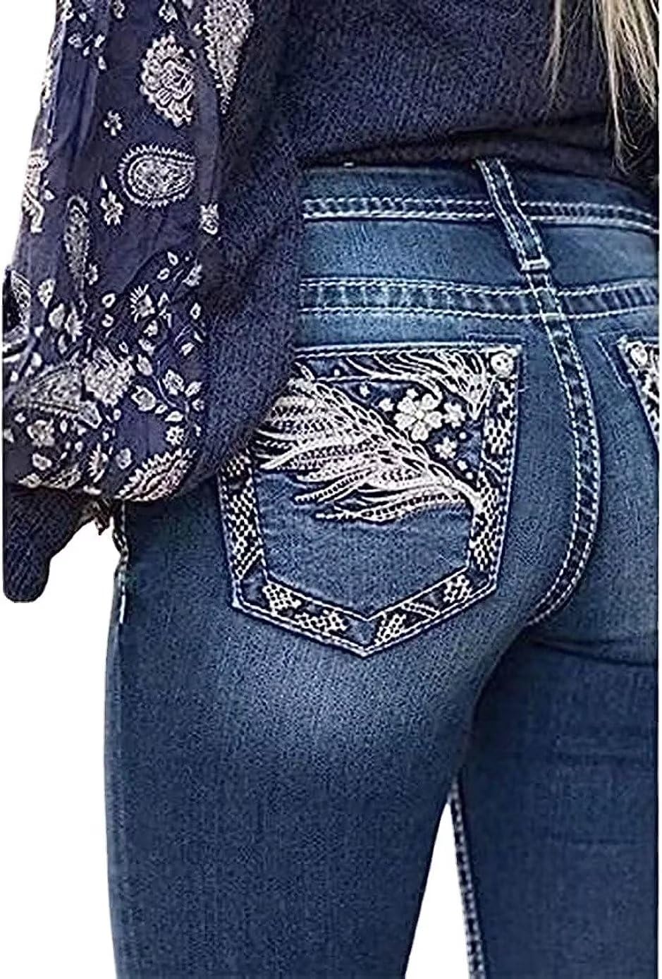 Women Bootcut Jeans, Stretchy Feather Flower Embroidery Mid Rise Slim Straight Leg Pants Jeans