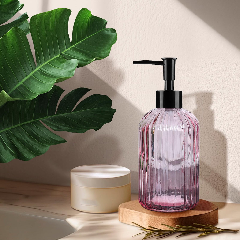 Pink Clear Glass Soap Dispenser 13 Oz/400ml, Striped Transparent Liquid Hand Soap Dispenser for Kitchen & Bathroom