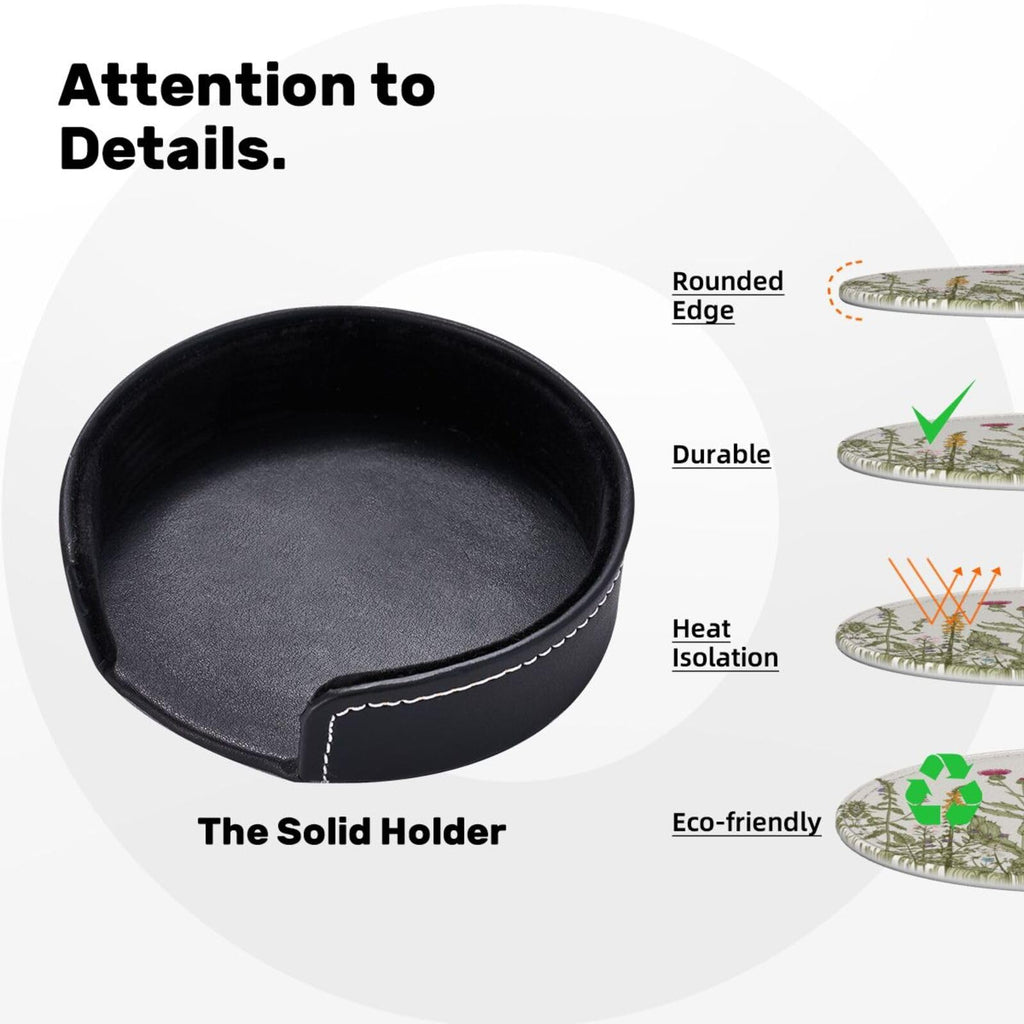 Coasters for Drinks Round Leather Coaster with Holder Set of 6 for Tabletop Protection