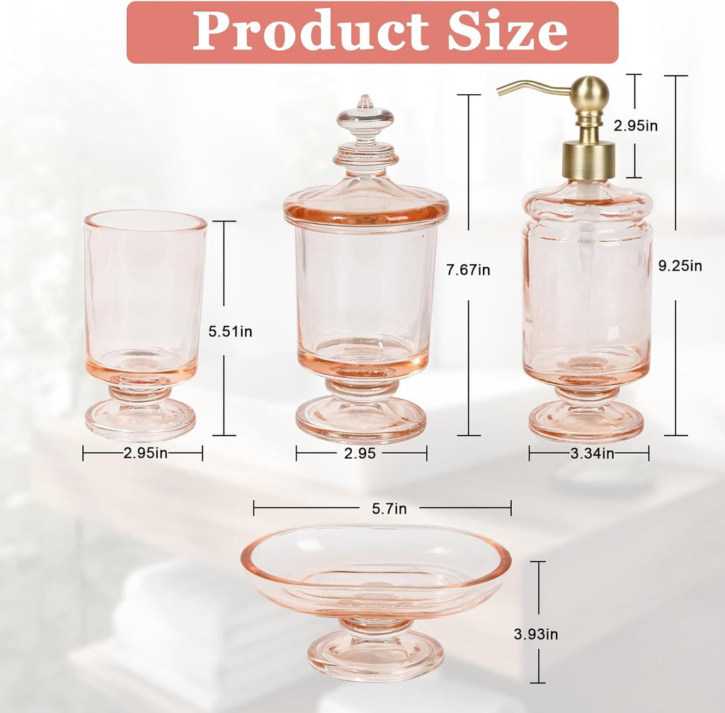 Pink Bathroom Accessories Set Glass Bow Decor 4Pcs, Lotion Soap Dispenser & Soap Dish & Toothbrush Holder & Cotton Swab Jar