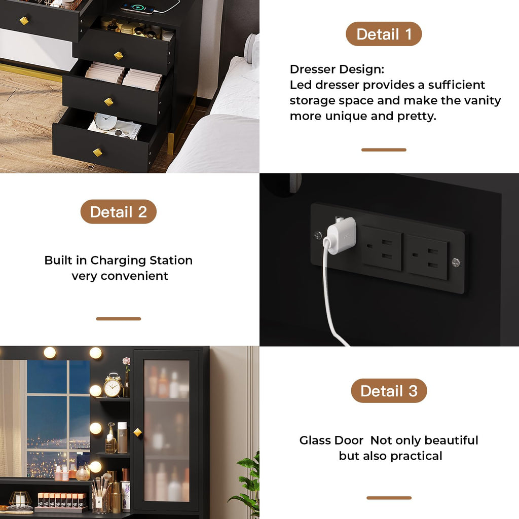 Vanity Desk with Mirror and Lights & Charging Station, White Vanity Table with 5 Storage Drawer & Glass Door & 3 Shelves