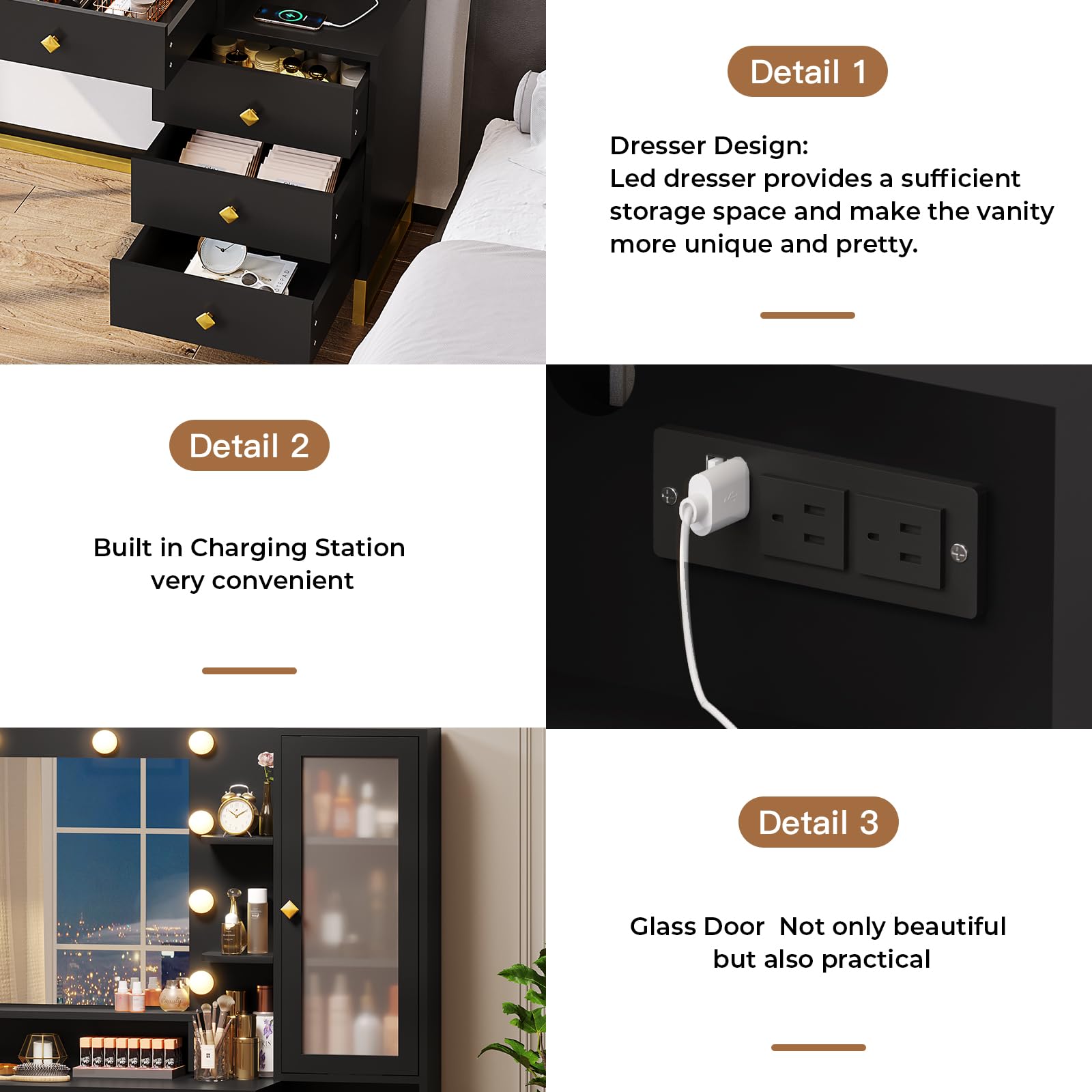 Vanity Desk with Mirror and Lights & Charging Station, White Vanity Table with 5 Storage Drawer & Glass Door & 3 Shelves