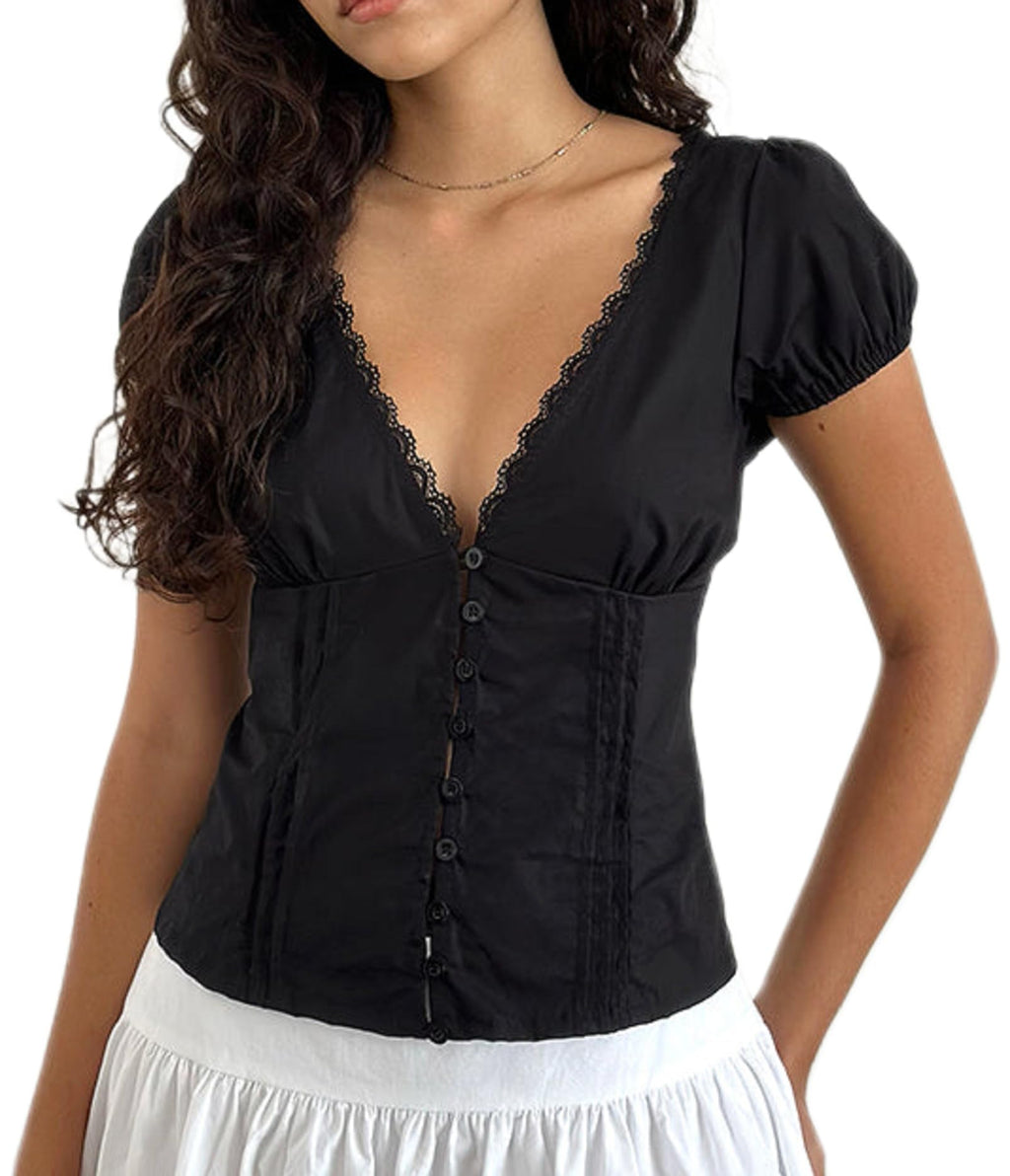 Y2K Short Sleeve Babydoll Tops for Women Cute Aesthetic U Neck Teen Girls Tshirt Ruffle Hem Patchwork Peplum Shirts