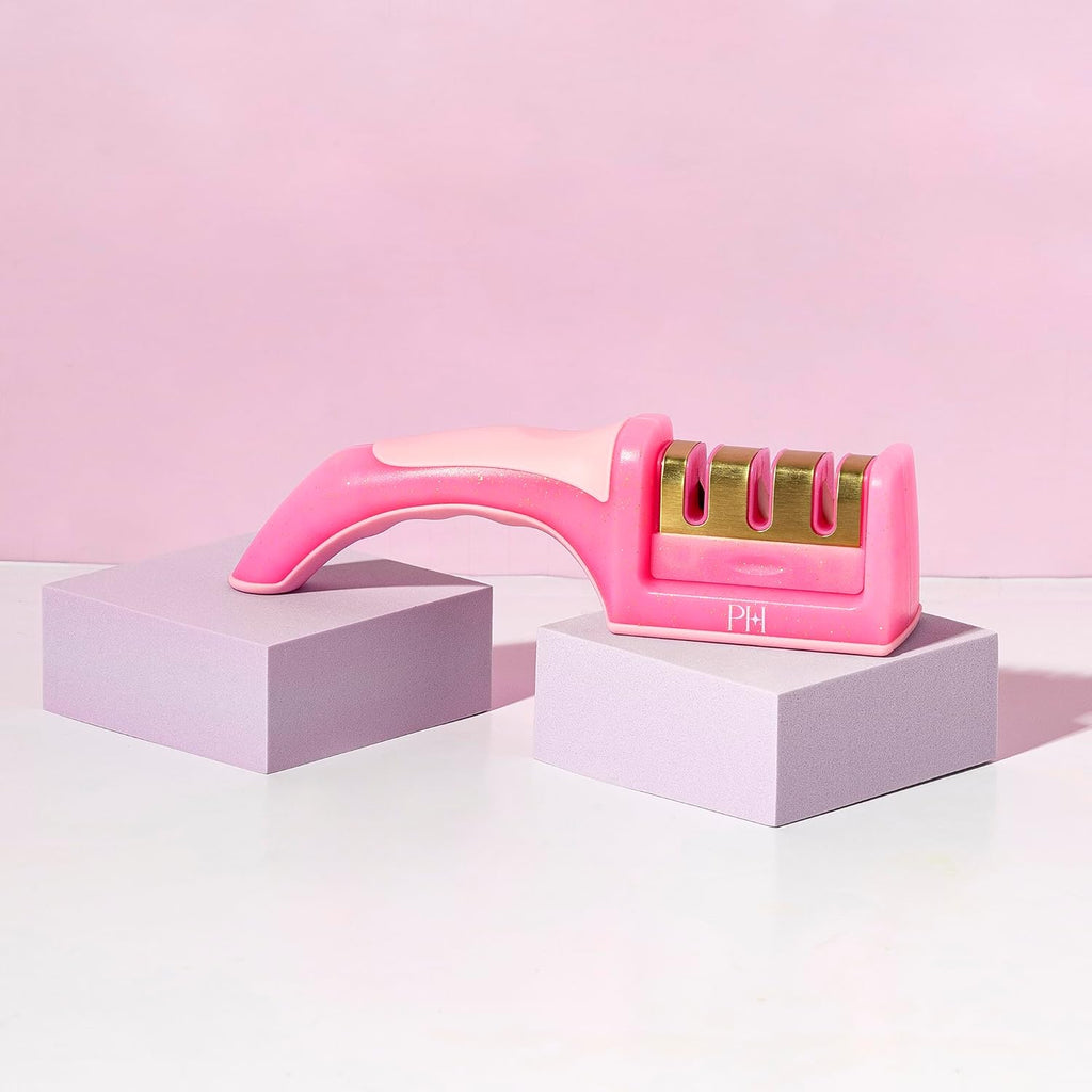 Paris Hilton 3-Stage Knife Sharpener, Professional Kitchen Knife Sharpener with Ergonomic Handle, Non-Slip Base, and Coarse, Medium, Fine Sharpening Stages, Pink