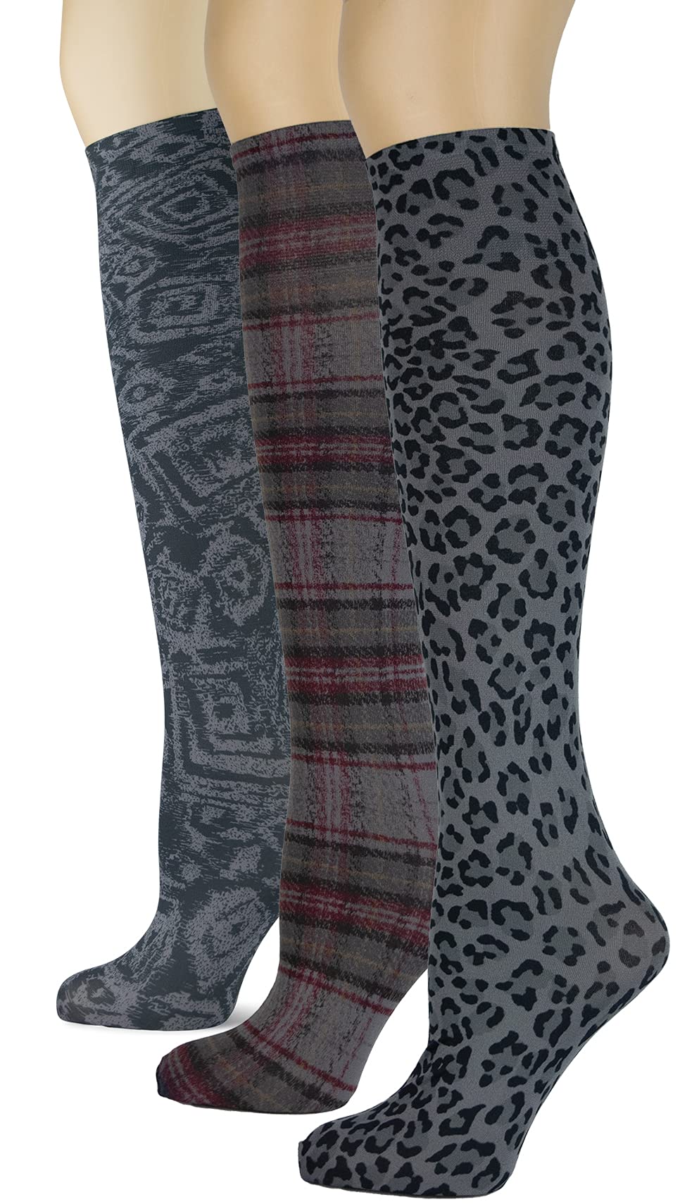 Women's 3 Pairs Knee High Trouser Socks, Classy and Colorful Printed Patterns, Silky Smooth Material