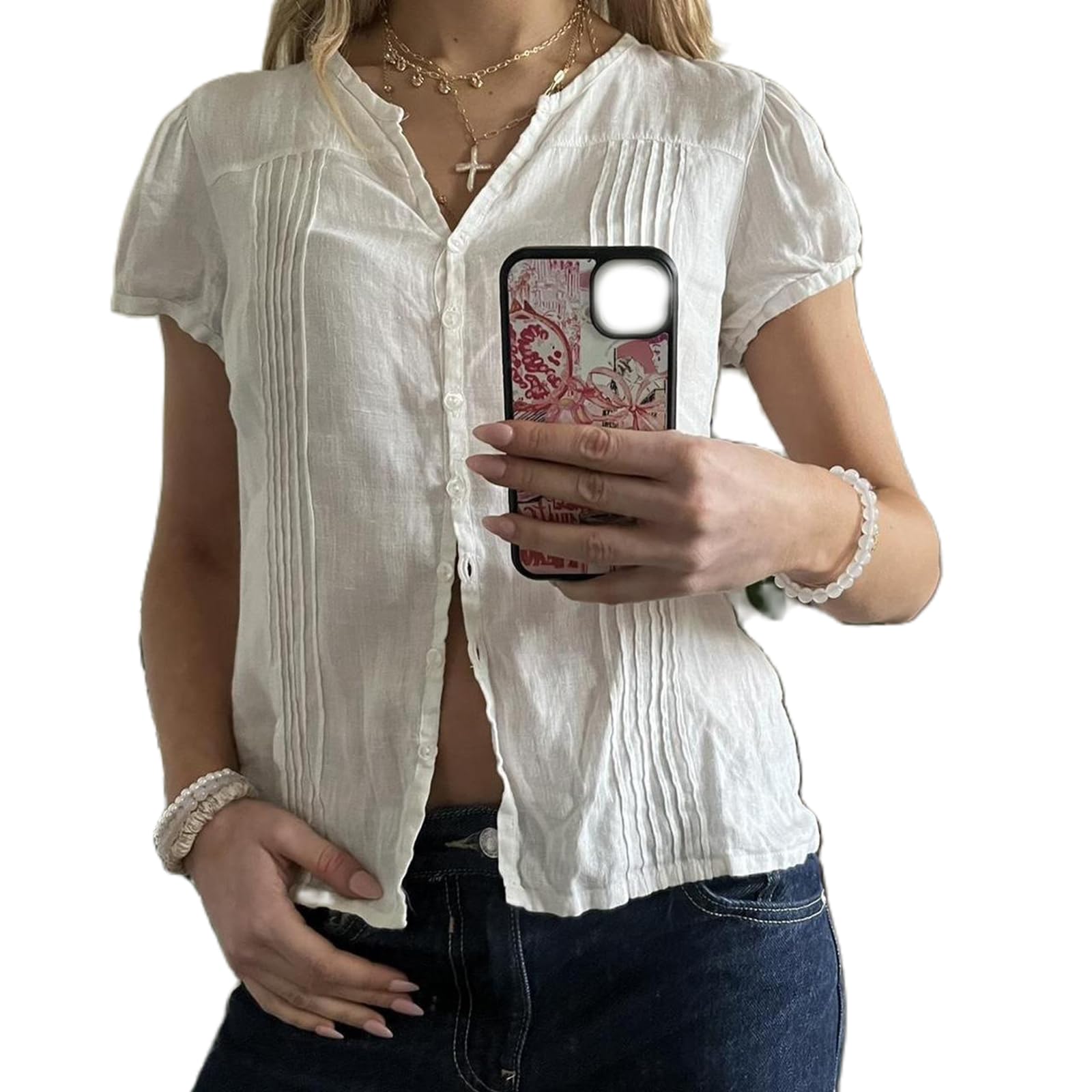 Y2k Fairy Plaid Button Down T Shirts Women Short Sleeve V Neck Aesthetic Tee Shirts Slim Fit Gingham Crop Top