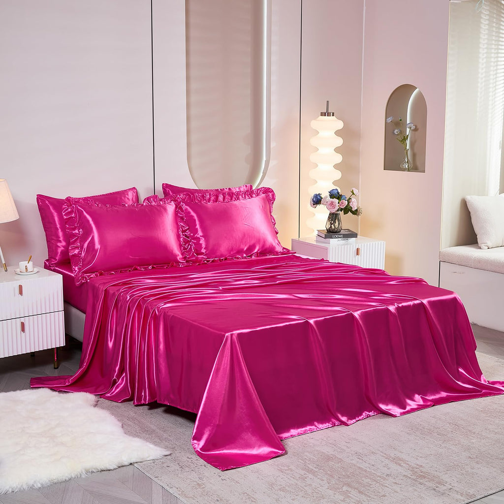 Ruffle Comforter Set 8 Pieces Satin Comforter Set with Sheet Set - Waterfall Ruffle Design Luxurious Silky Comforter Set