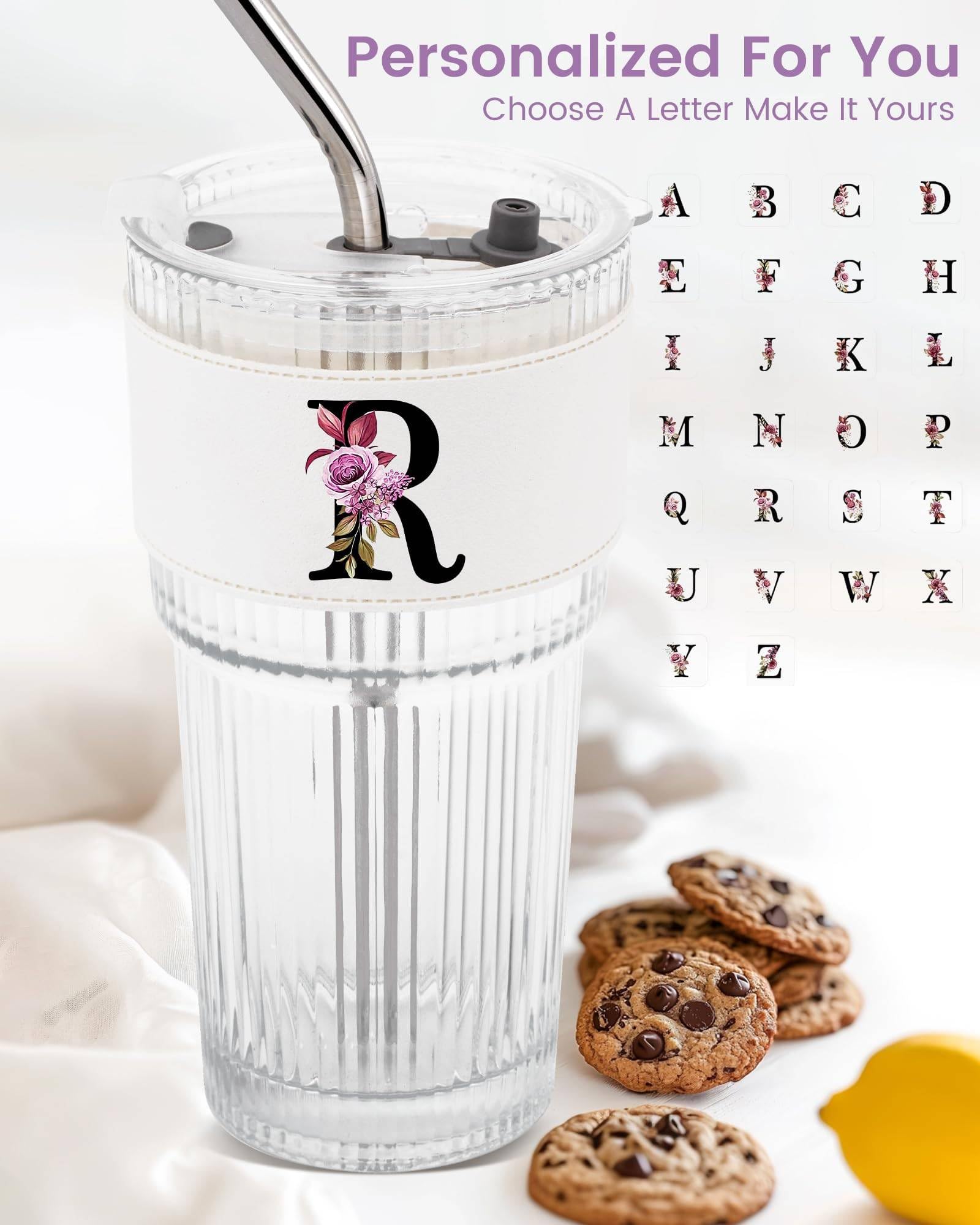 Initial Glass Cup with Lid Straw Ribbed Ice Tea Clear Tumbler Her Sister Coffee Matcha Latte Girlfriend Gf Aunt Best Friend Friendship Bestie Wife Cute Asthetic Unique Birthday Personalized Gift K