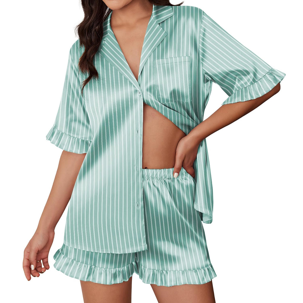Womens Satin Pajamas Cute Ruffle Sleeve Printed Sleepwear Button Down Silk Pjs Set