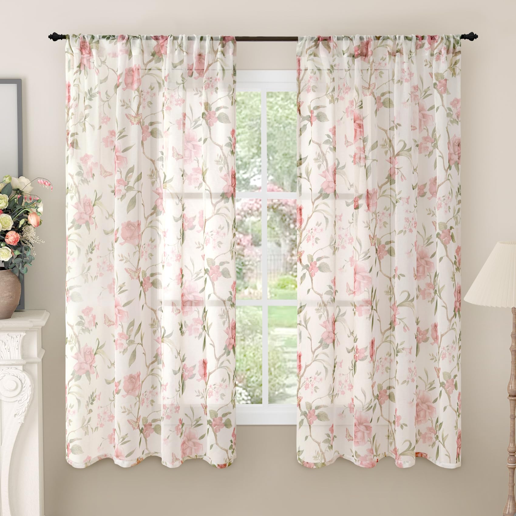 Floral Sheer Curtains, Vintage Light Filtering Semi-Sheer Linen Curtains