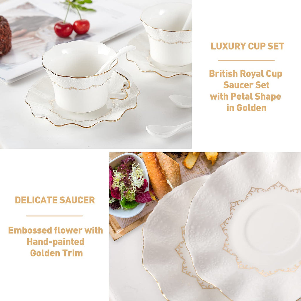 Tea Cups and Saucers with Golden Trim, Petal Edge Coffee Cups with Metal Stand