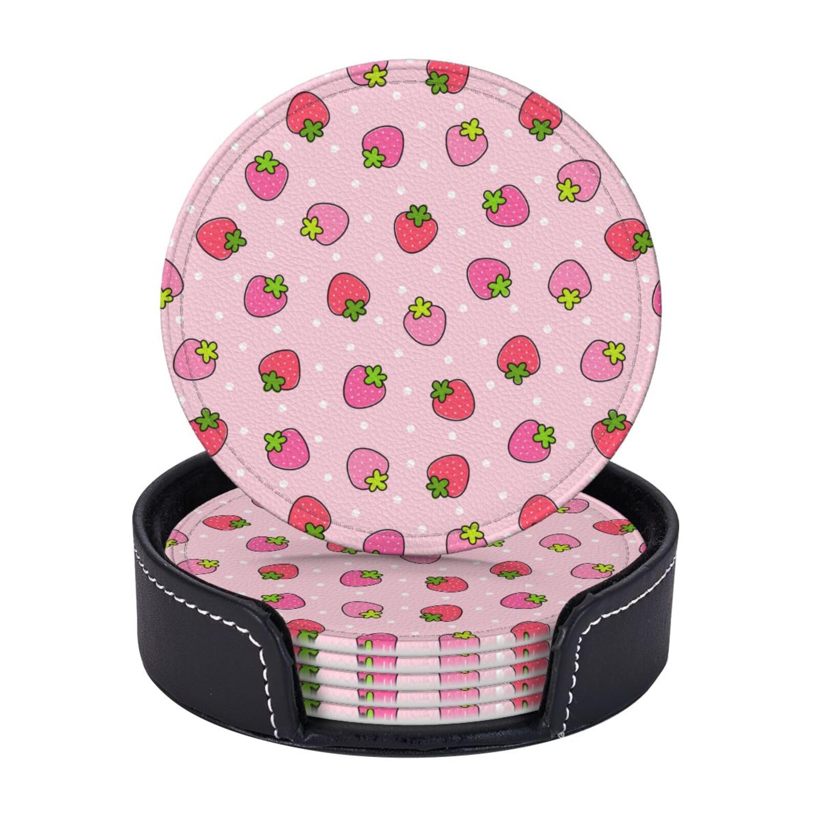 Coasters for Drinks Round Leather Coaster with Holder Set of 6 for Tabletop Protection