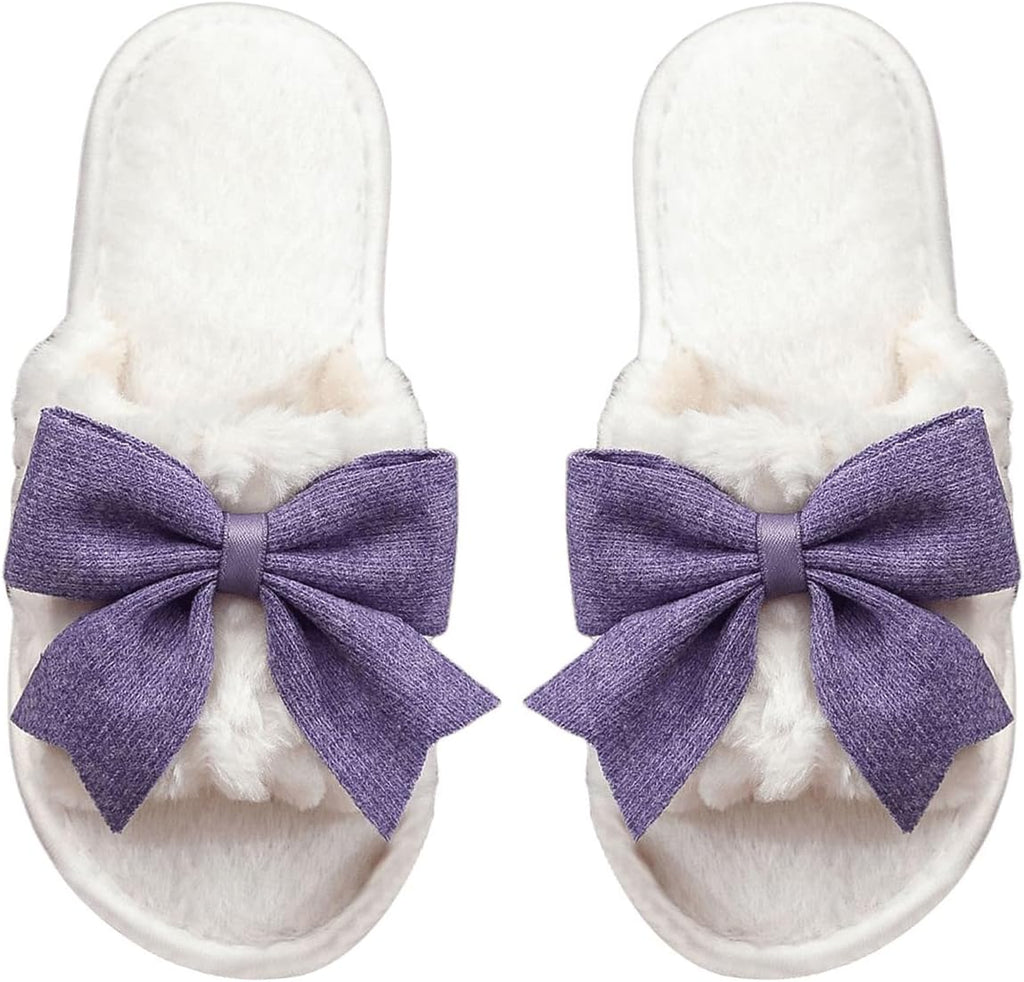 Women's Cute Bow Decor Fuzzy Open Toe Indoor Home Slippers Fashionable Warm Comfy Furry Outdoor Slippers