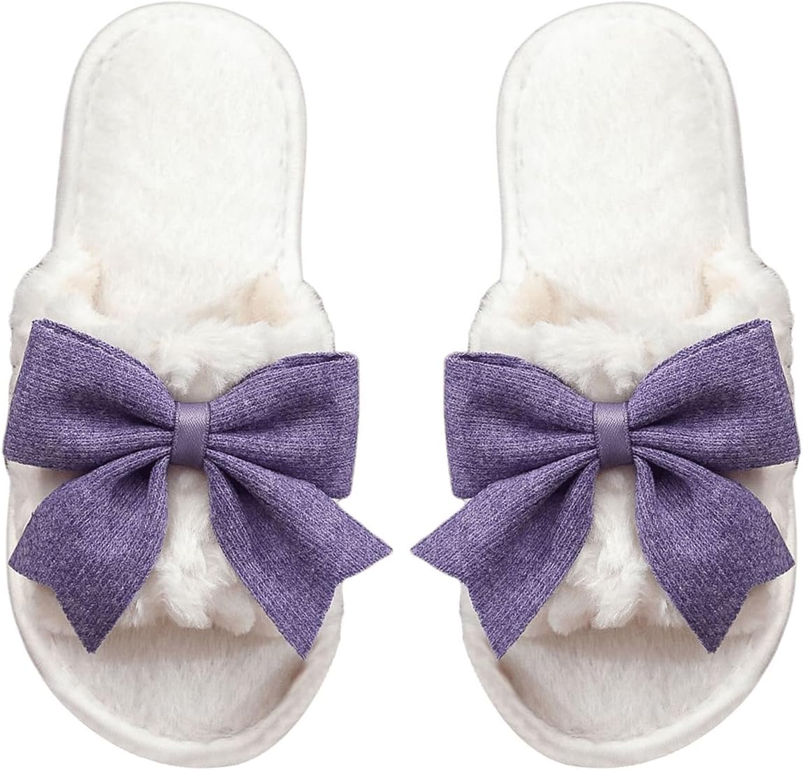 Women's Cute Bow Decor Fuzzy Open Toe Indoor Home Slippers Fashionable Warm Comfy Furry Outdoor Slippers