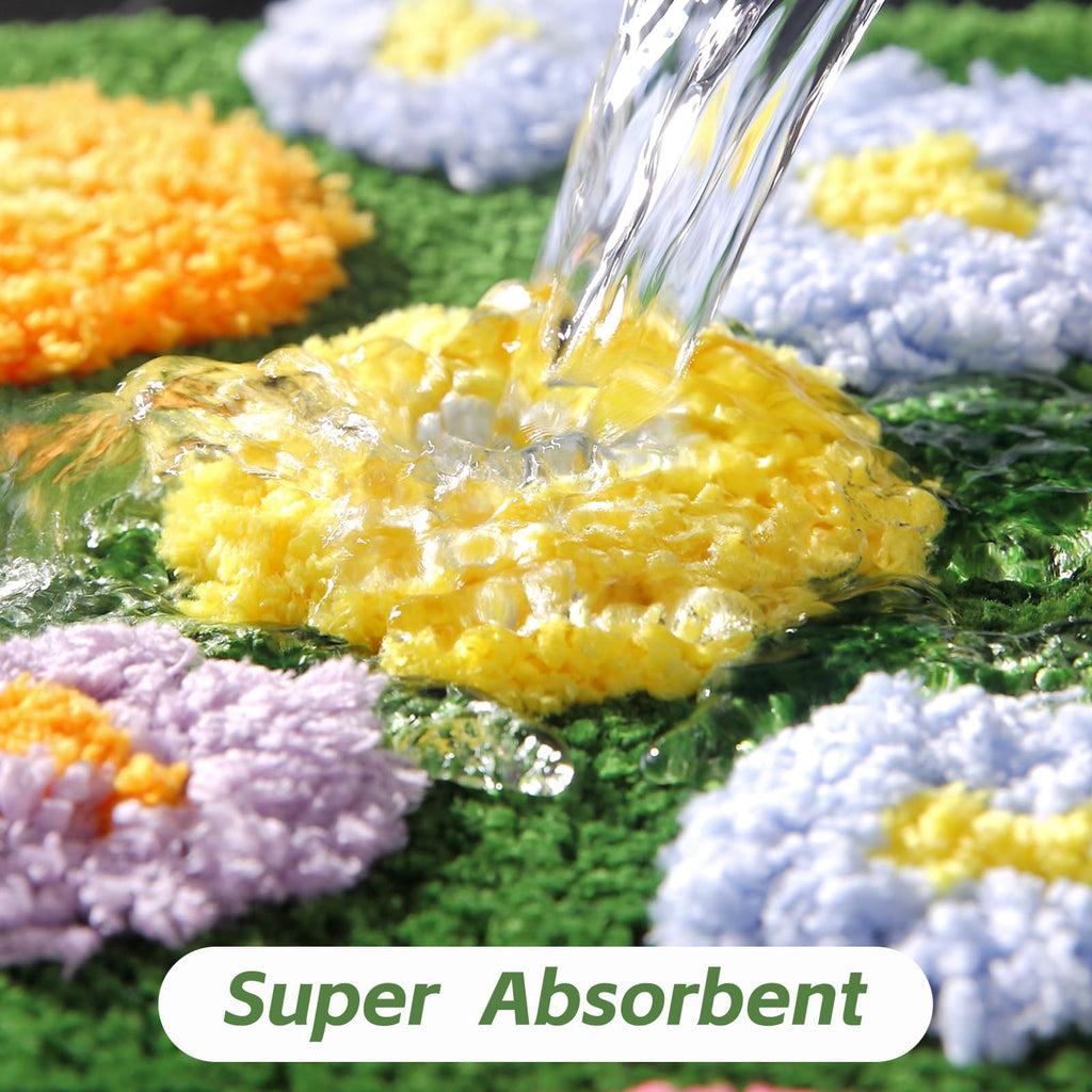 Moss Green Toilet Rugs, Luxury Tufted Extra Thick U-Shaped Toilet Rug,Cute Flower Green Moss Bath Mat Non Slip - Washable Water Absorbent Shag Bathroom Rugs for Bath