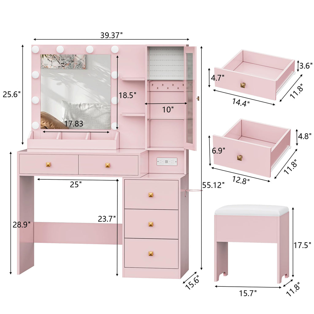 Vanity Desk with Mirror and Lights, Pink Makeup Vanity with 5 Drawers Hidden Jewelry Organizer& LED Glass Cabinet, 3 Lights Mode and Brightness Adjusted,Vanity Mirror with Lights Desk and Chair