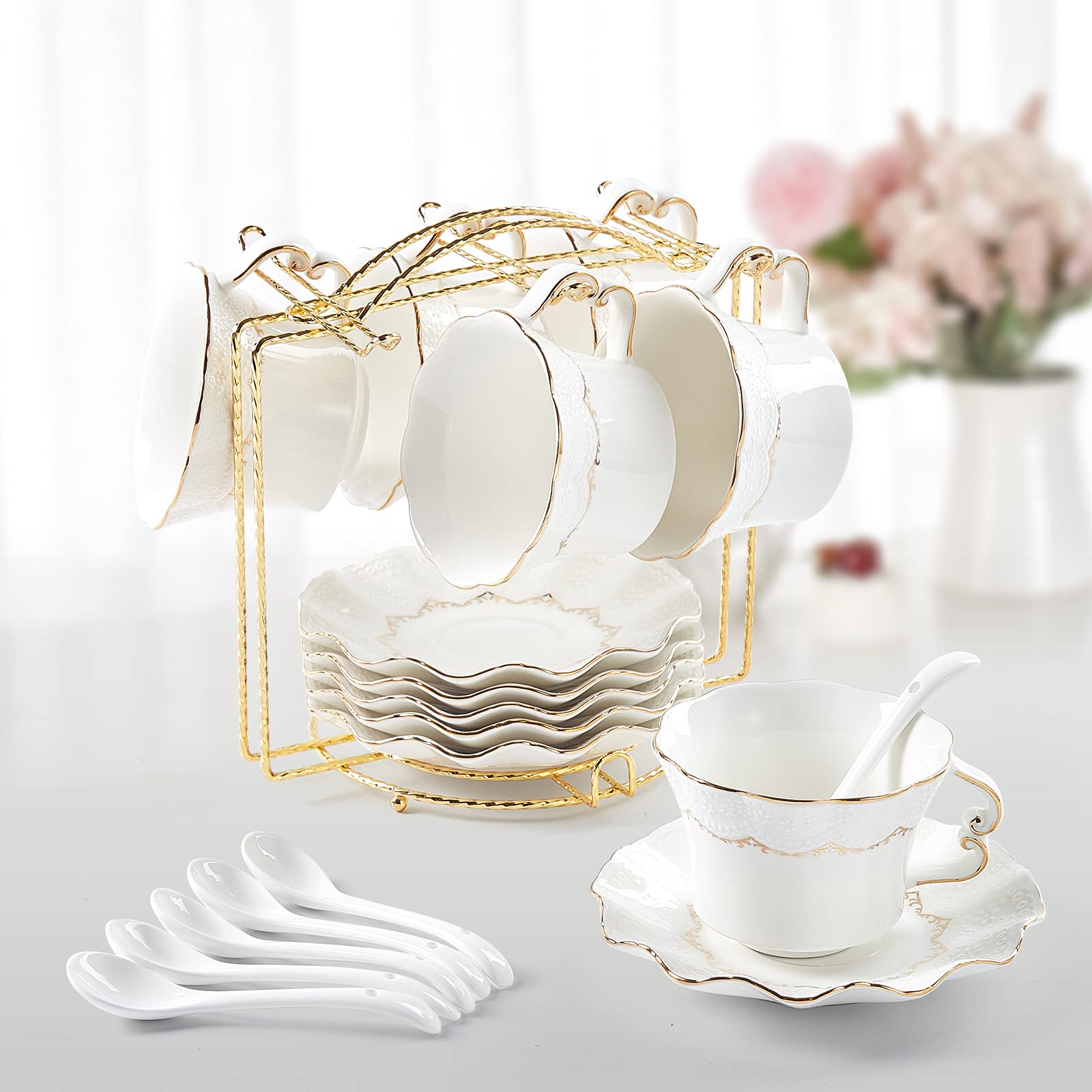 Tea Cups and Saucers with Golden Trim, Petal Edge Coffee Cups with Metal Stand