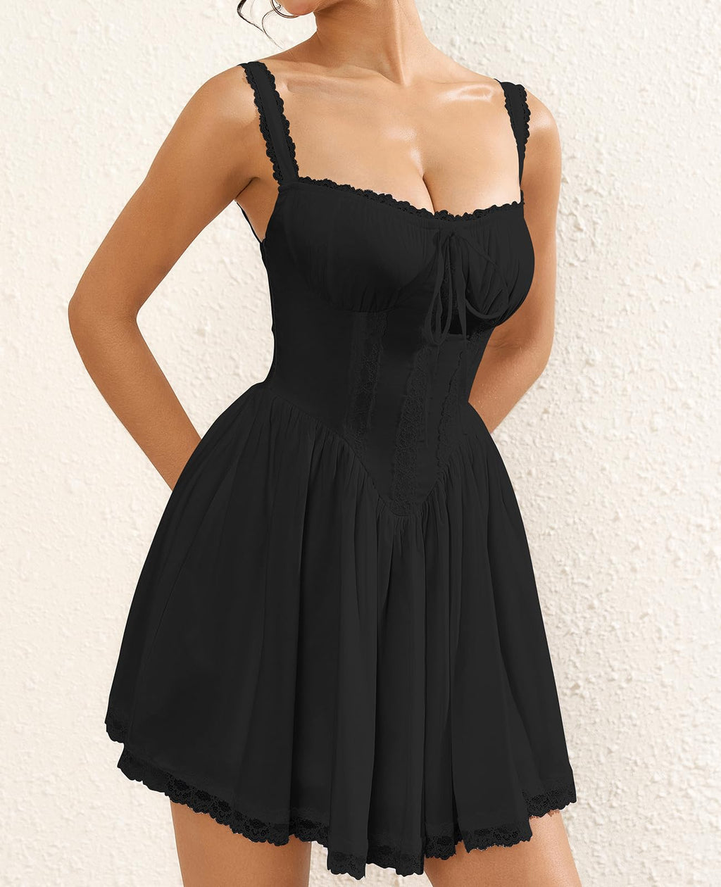 Womens Summer Mini Dress Square Neck Tie Front Lace Spliced Ruched Backless Casual Party Short Bodycon Dresses