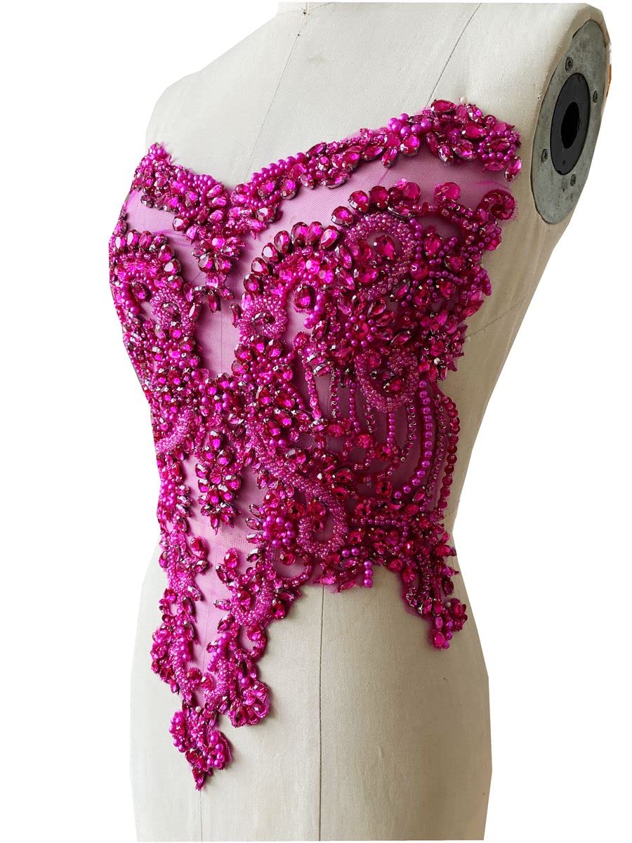 Handmade red/Blue/Gold/Green Rhinestones lace Bodice Applique Sewing Beads Crystal Trim Patches Accessory for Dress Clothes (Rose red)