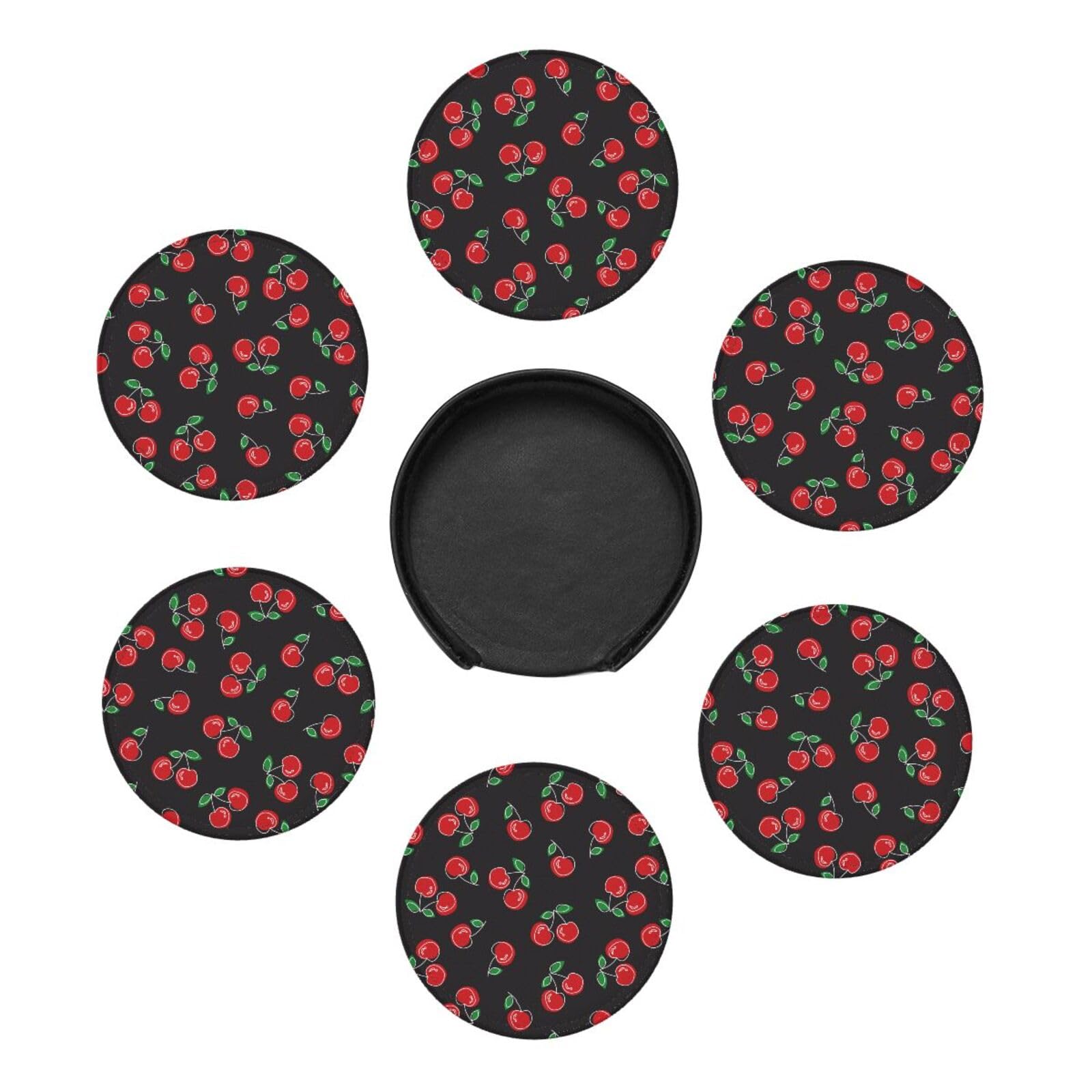 Coasters for Drinks Round Leather Coaster with Holder Set of 6 for Tabletop Protection