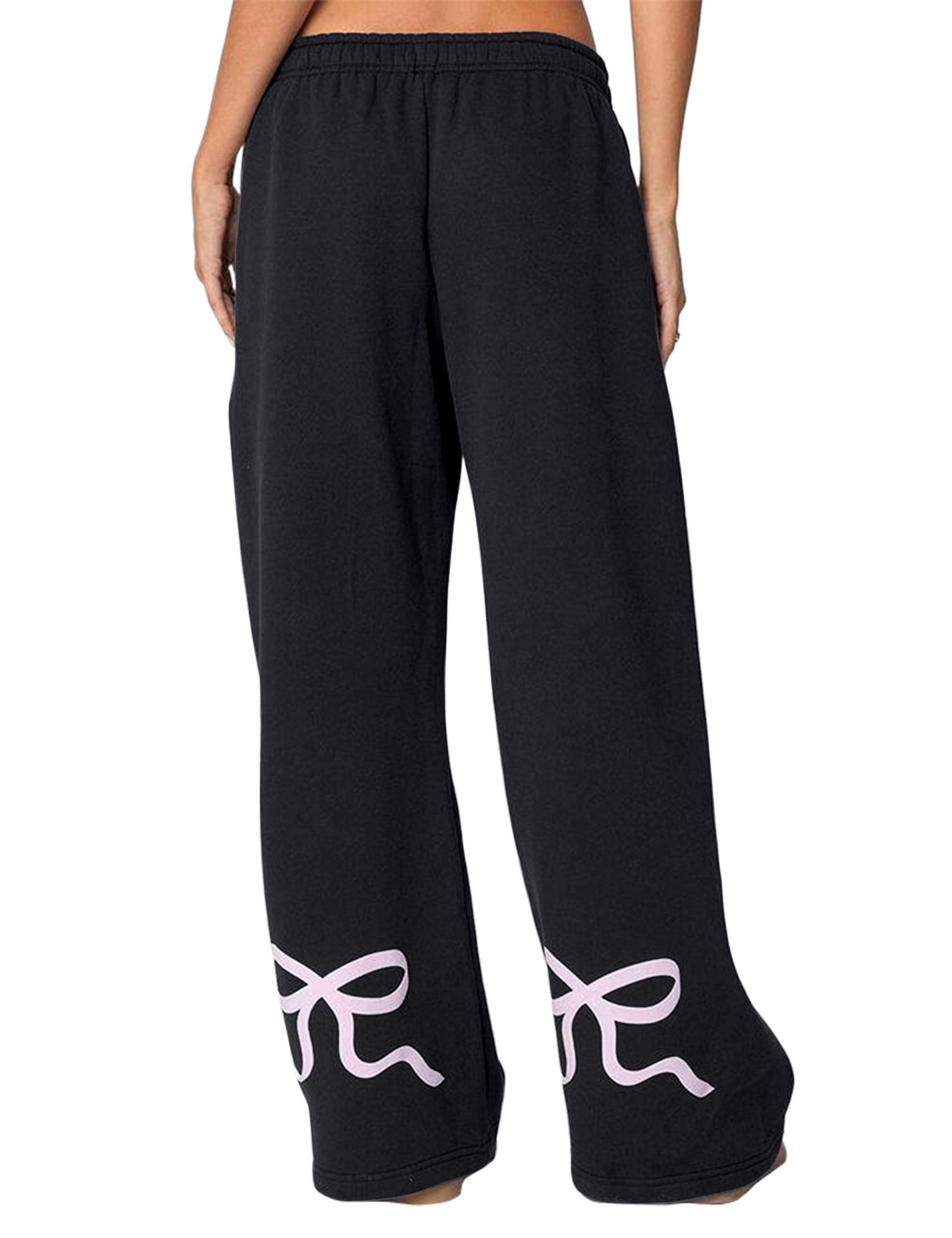 Women's Wide-Leg Sweatpants â€?Straight Leg, Graphic Bow Print, Elastic Waistband, Lounge Joggers with Pockets
