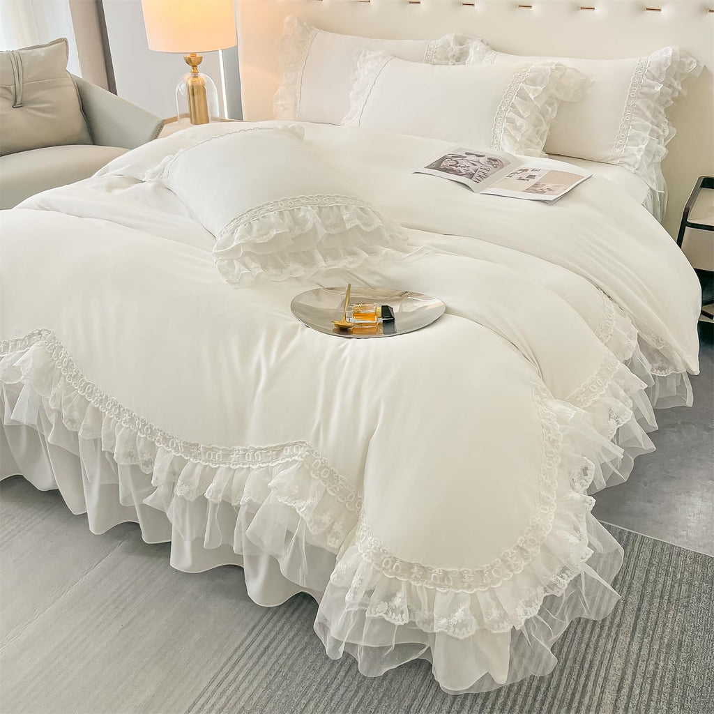 Chic Ruffle Lace Polyester Duvet Cover Set -Bedding-2 Piece Duvet Cover with Zipper Closure -Ultra Soft and Light Weight