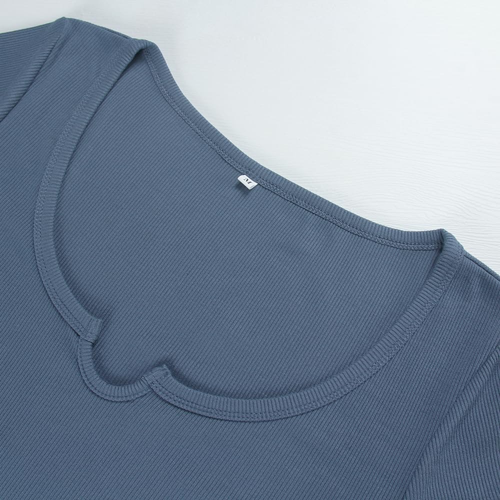 Women's Short Sleeve T-Shirts Form Fitting Ribbed Knit V Notch Scoop Neck Basic Crop Top