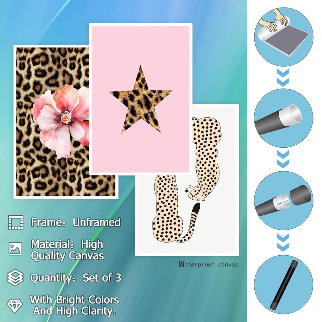 Pink Set of 3 Leopard Wall Art Prints Trendy Girly Cheetah Print Poster for Home Decor 16X24 in Unframed