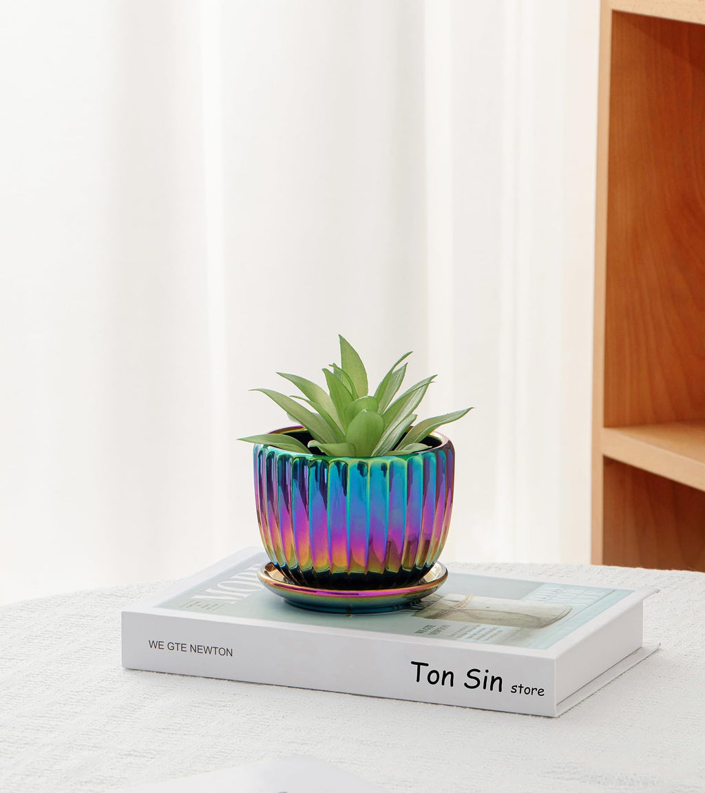 Ceramic Flower Pots, 4"+5"+6" Inch Small Glazed Succulent Planters with Drainage Hole, Modern Indoor Decorative Plant Pots Set of 3,Garden Pots with Saucer