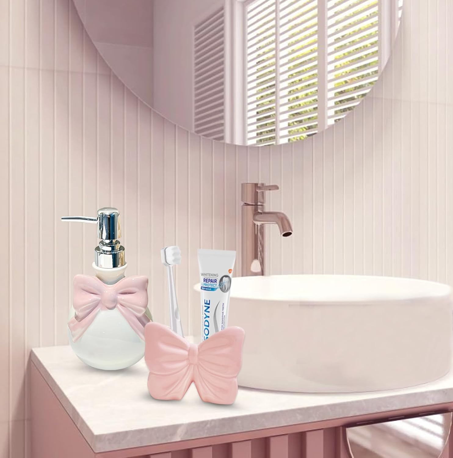 Toothbrush Holders for Bathrooms, Cute Ceramic Toothbrush Organizer and Toothpaste Holder/Toothbrush Stand Bow Pink Toothbrush Holder