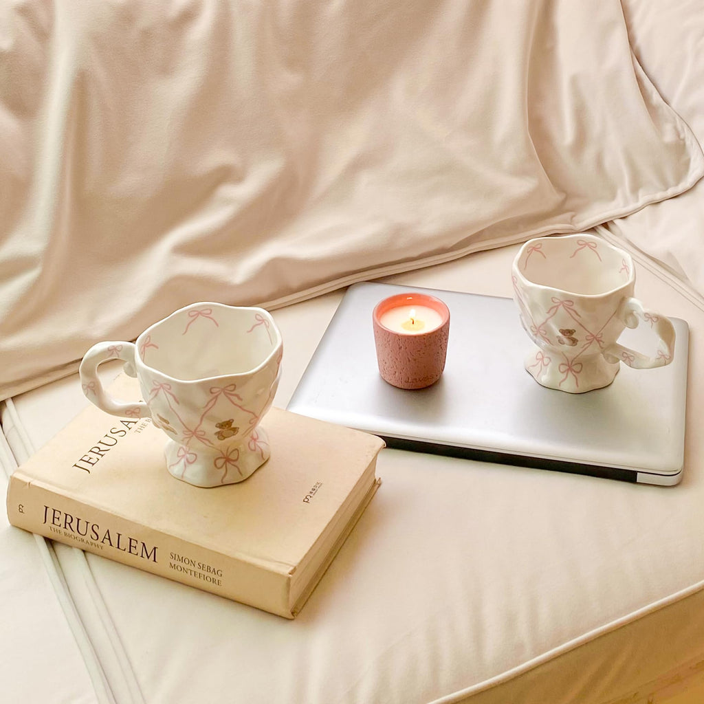 Handmade Kawaii Ceramic Mug with Pink Bow and Cute Bear â€?14 oz Novelty Cup