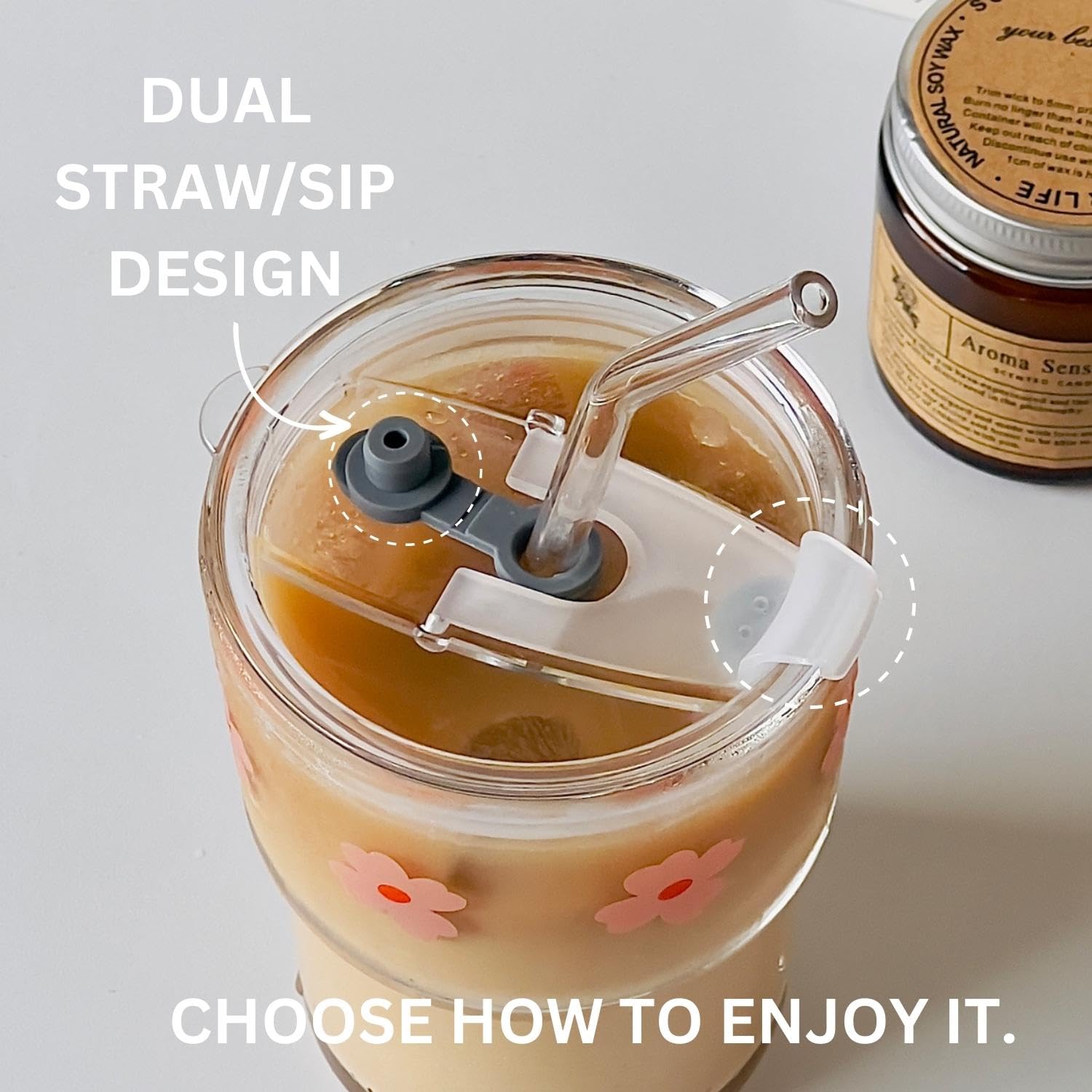 Glass Tumbler with Straw and Lid, Reusable Iced Coffee Cup Tumbler, Cute Glass Cups 13oz